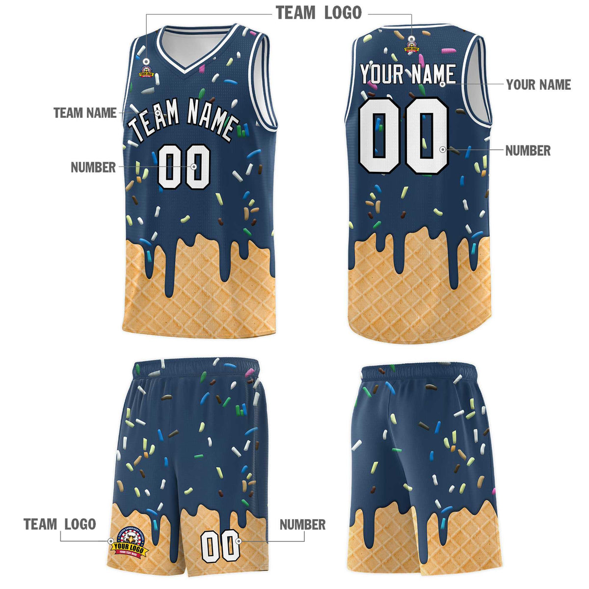 Custom Midnight Blue Basketball Kits with Ice Cream Element Pattern
