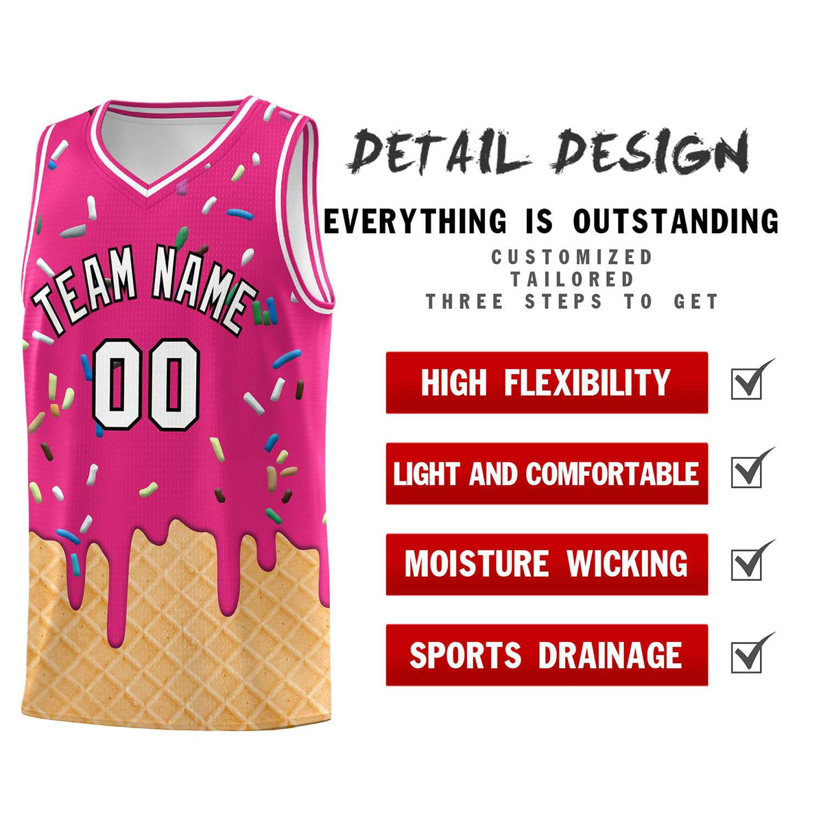 Custom Rose Red Basketball Kits with Ice Cream Element Pattern