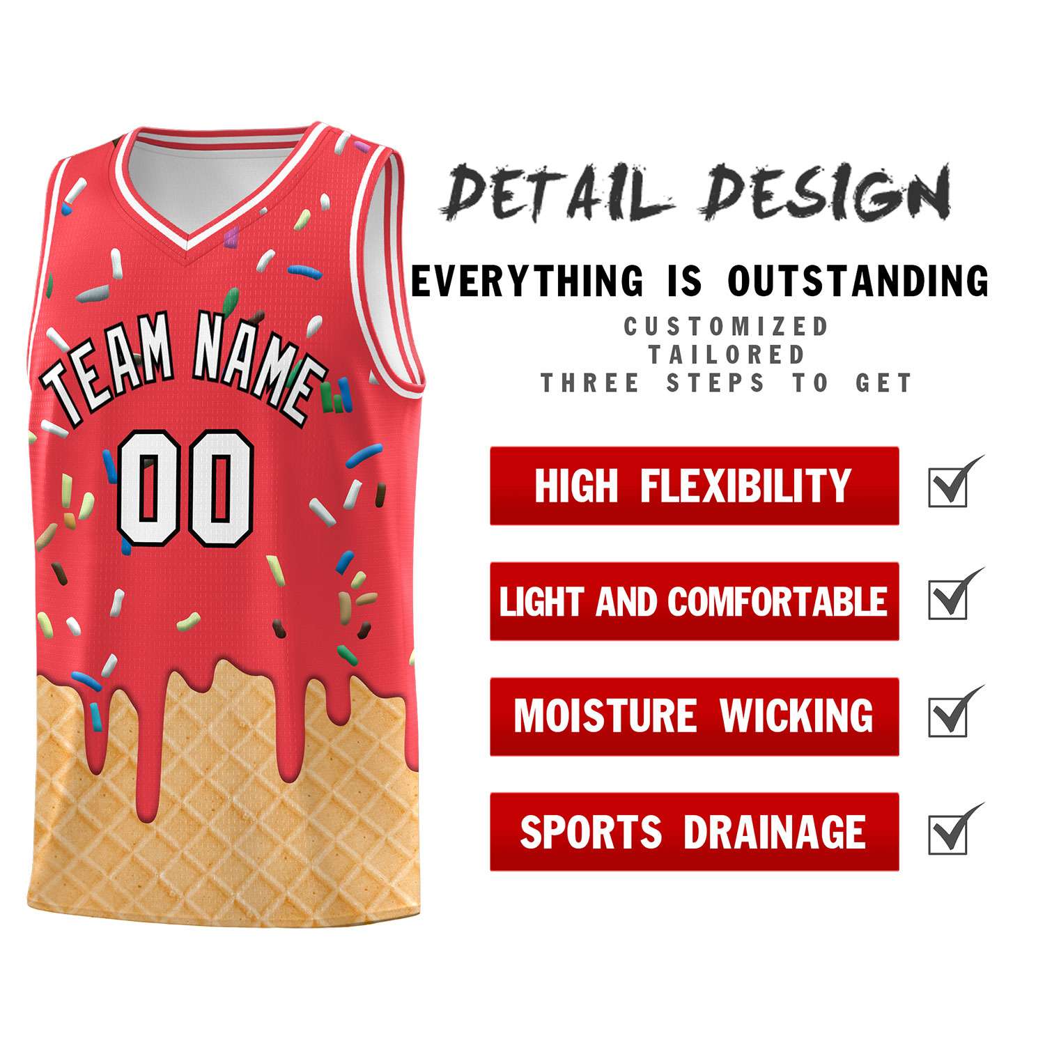 Custom Light Red Basketball Kits with Ice Cream Element Pattern