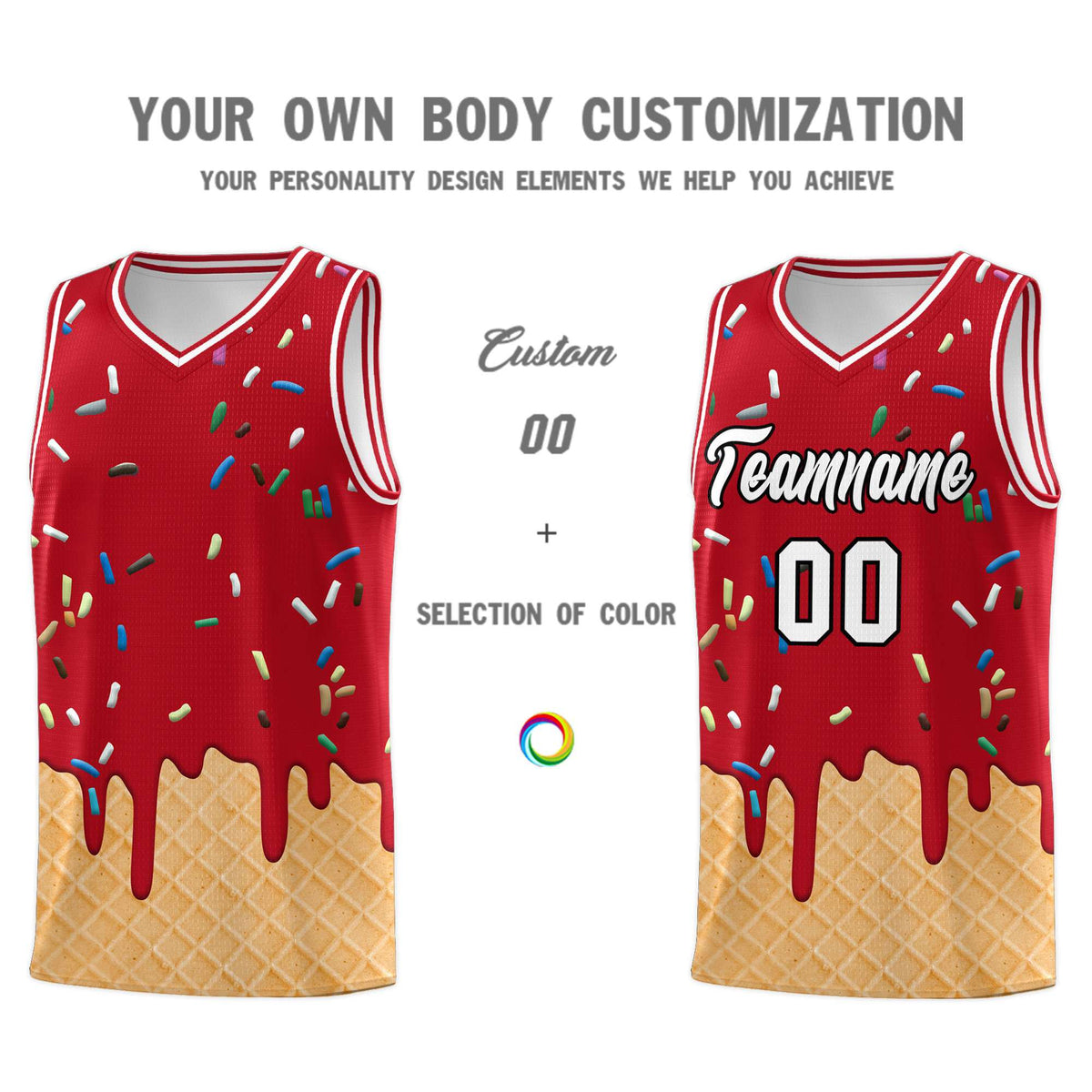 Custom Red Basketball Kits with Ice Cream Element Pattern