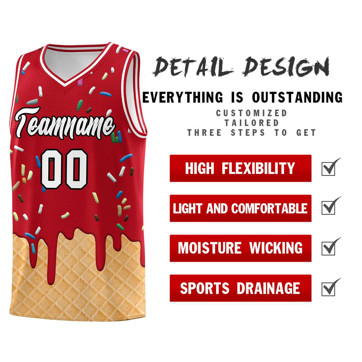 Custom Red Basketball Kits with Ice Cream Element Pattern