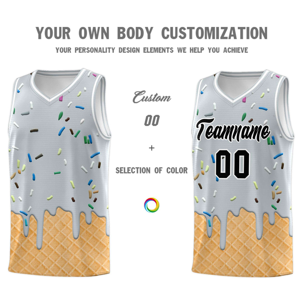 Custom Silver Basketball Kits with Ice Cream Element Pattern