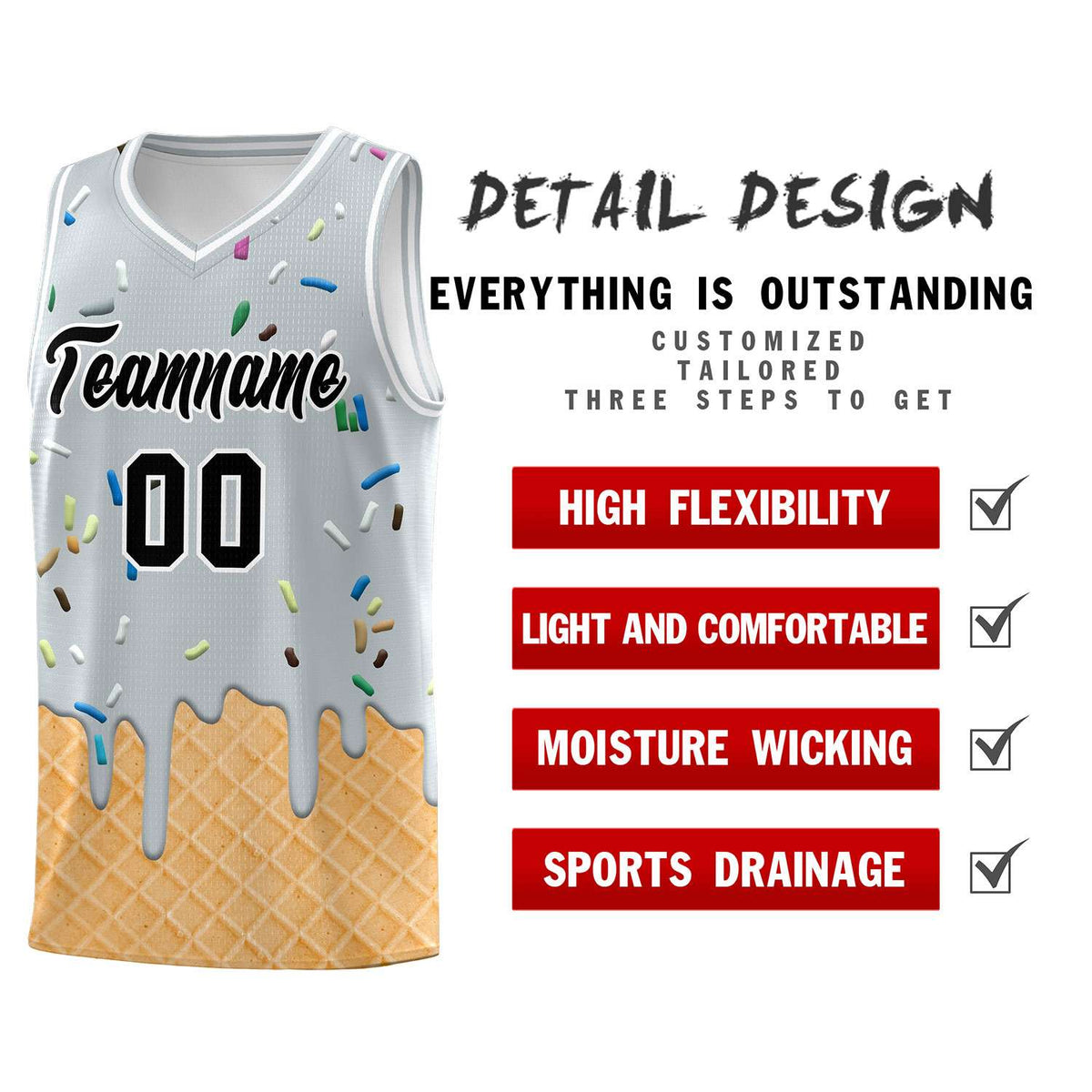 Custom Silver Basketball Kits with Ice Cream Element Pattern