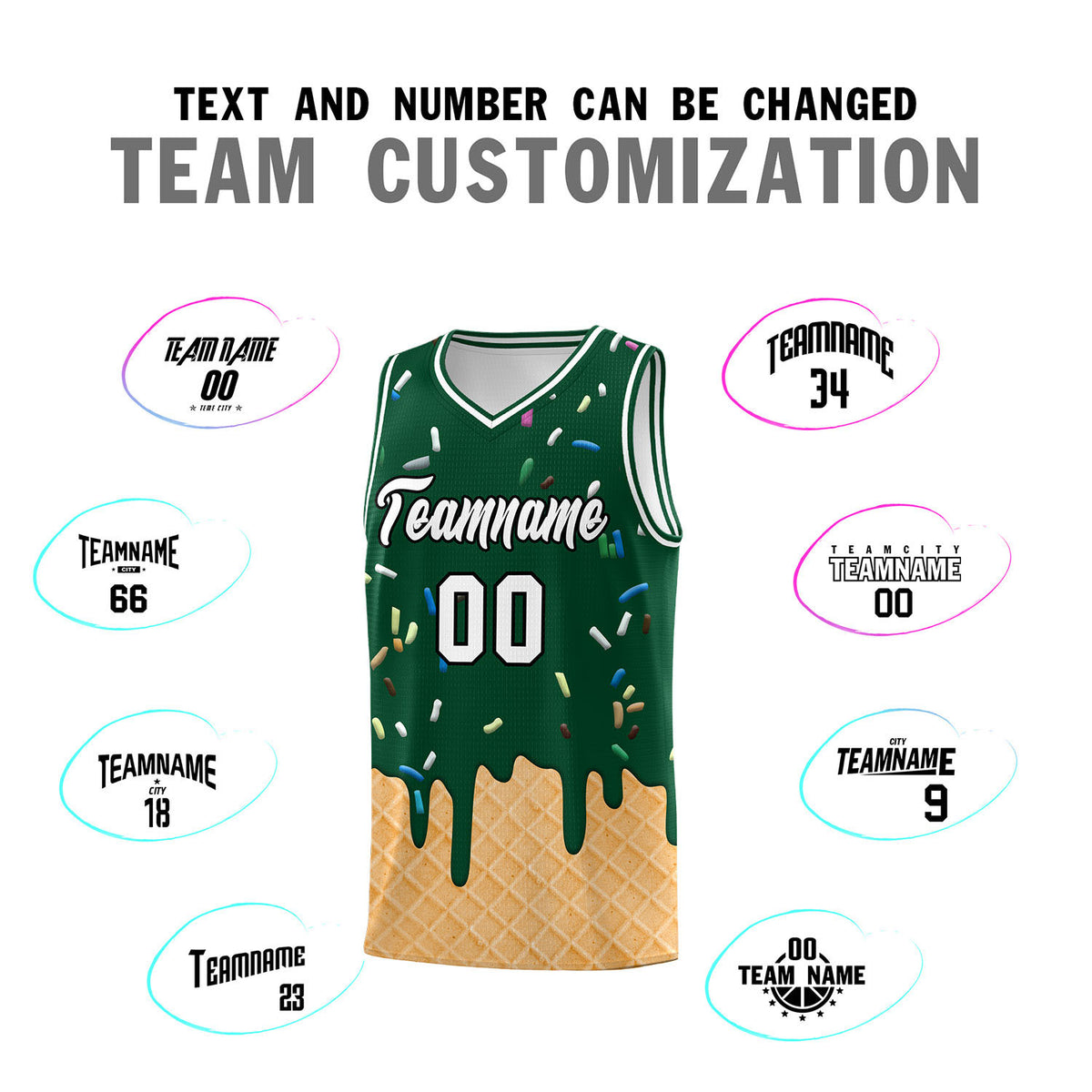 Custom Green Basketball Kits with Ice Cream Element Pattern