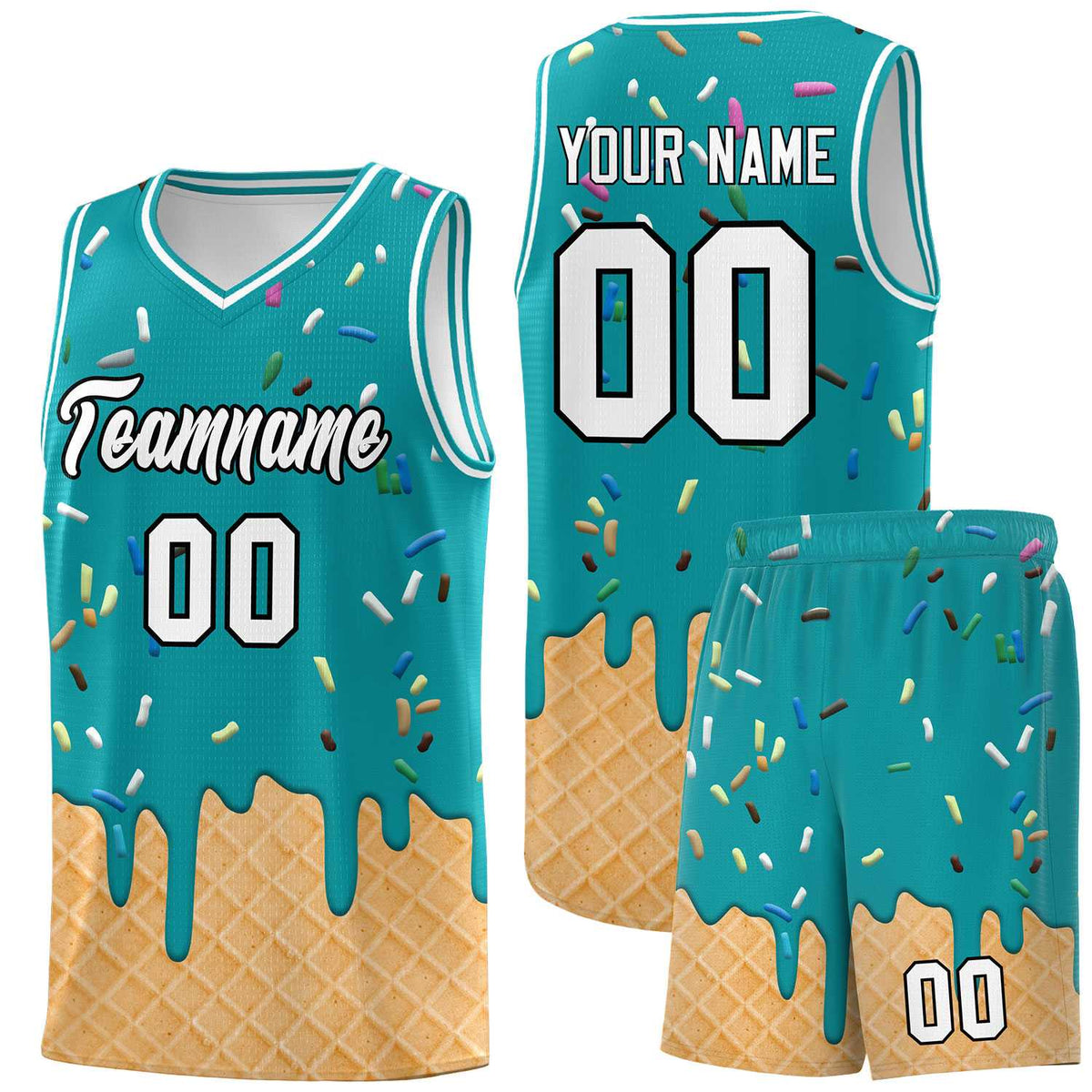 Custom Aqua Basketball Kits with Ice Cream Element Pattern