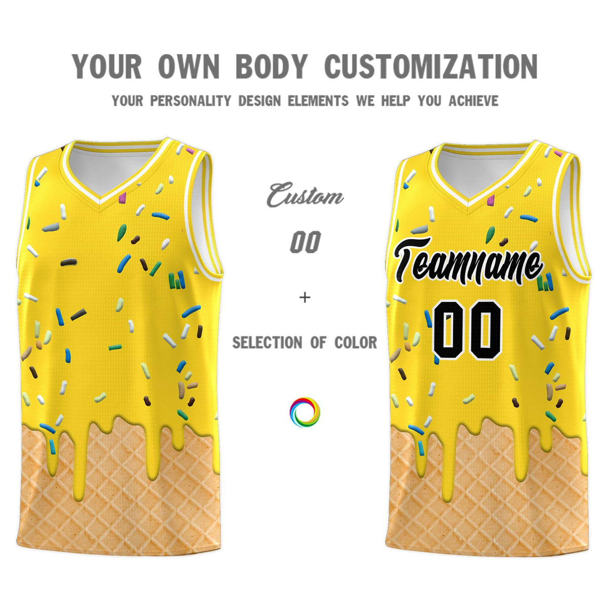 Custom Gold Basketball Kits with Ice Cream Element Pattern