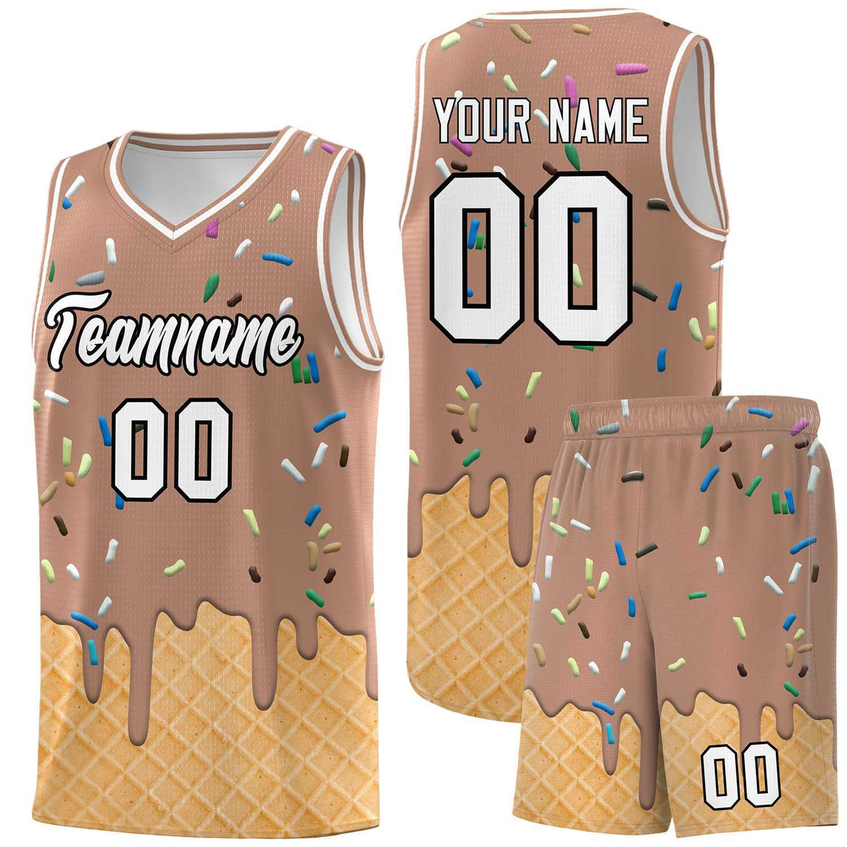 Custom Coffee Basketball Kits with Ice Cream Element Pattern