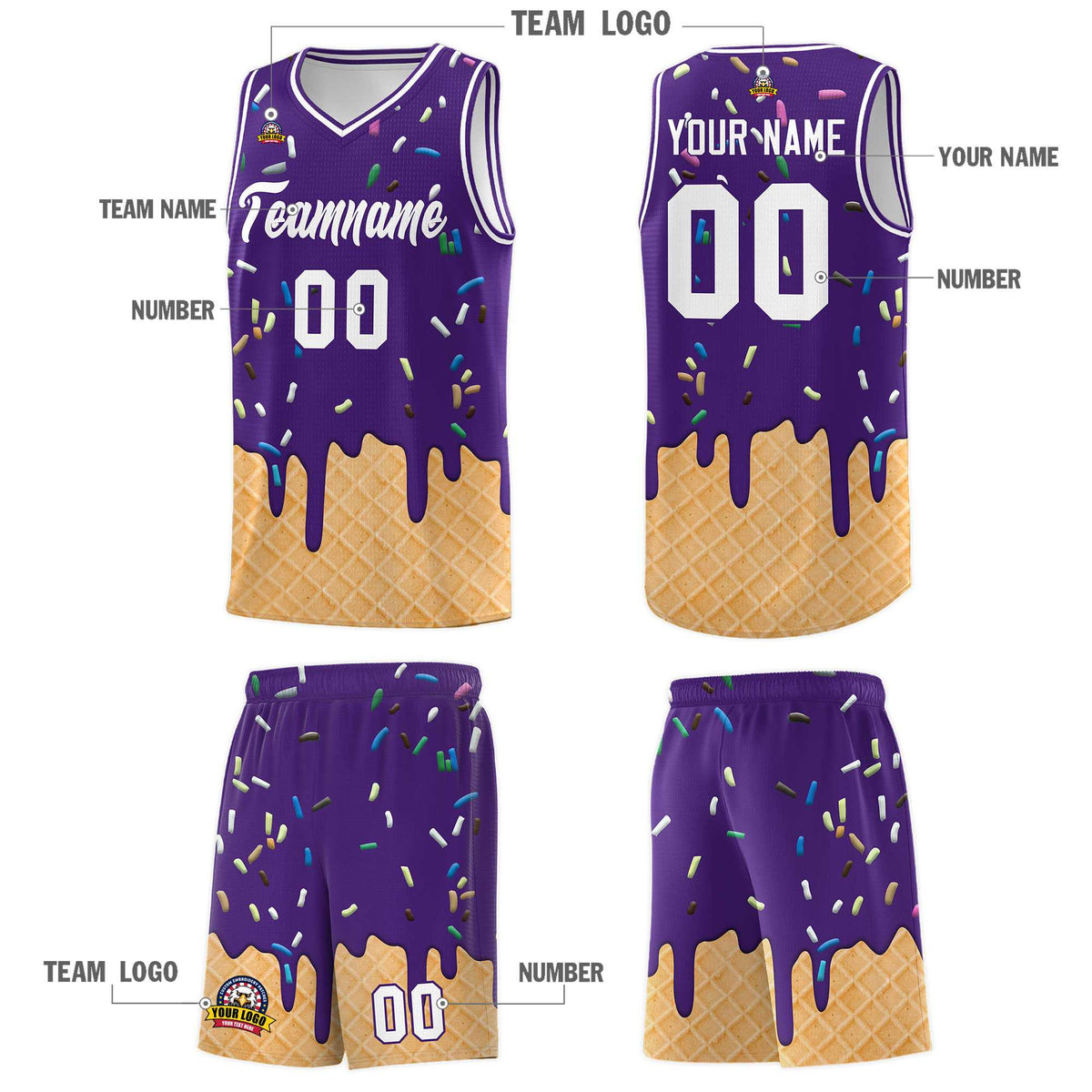 Custom Purple Basketball Kits with Ice Cream Element Pattern