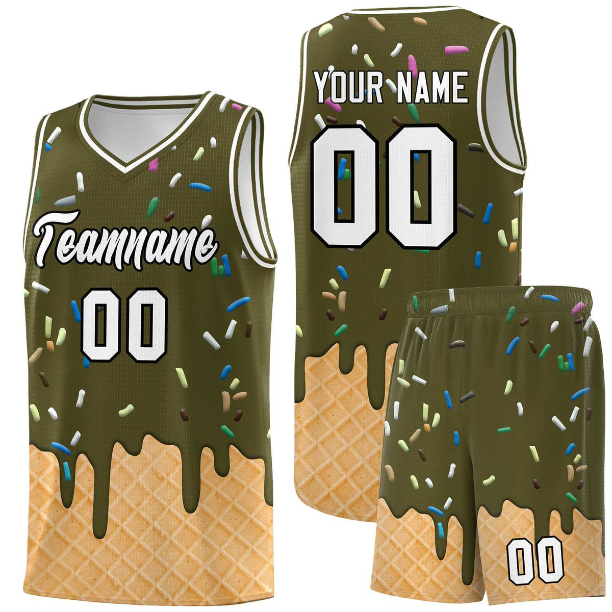 Custom Olive Basketball Kits with Ice Cream Element Pattern