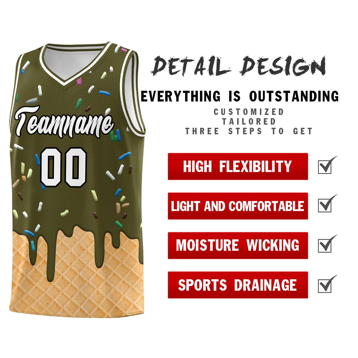 Custom Olive Basketball Kits with Ice Cream Element Pattern