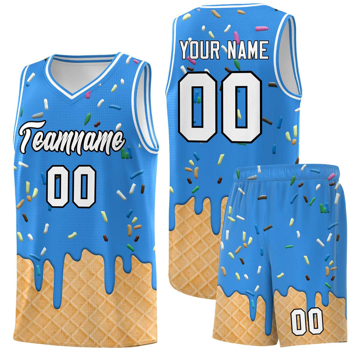 Custom Light Blue Basketball Kits with Ice Cream Element Pattern