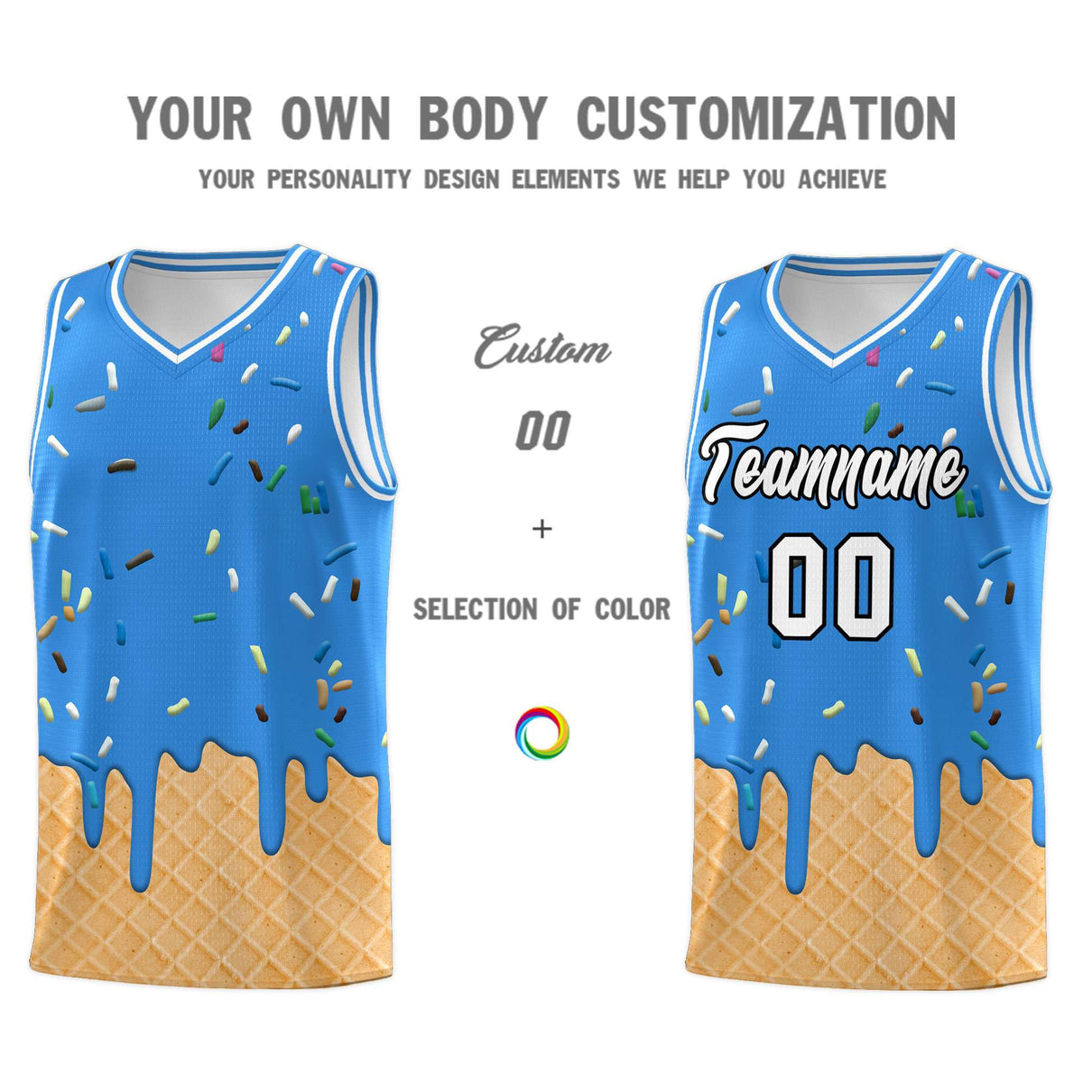 Custom Light Blue Basketball Kits with Ice Cream Element Pattern