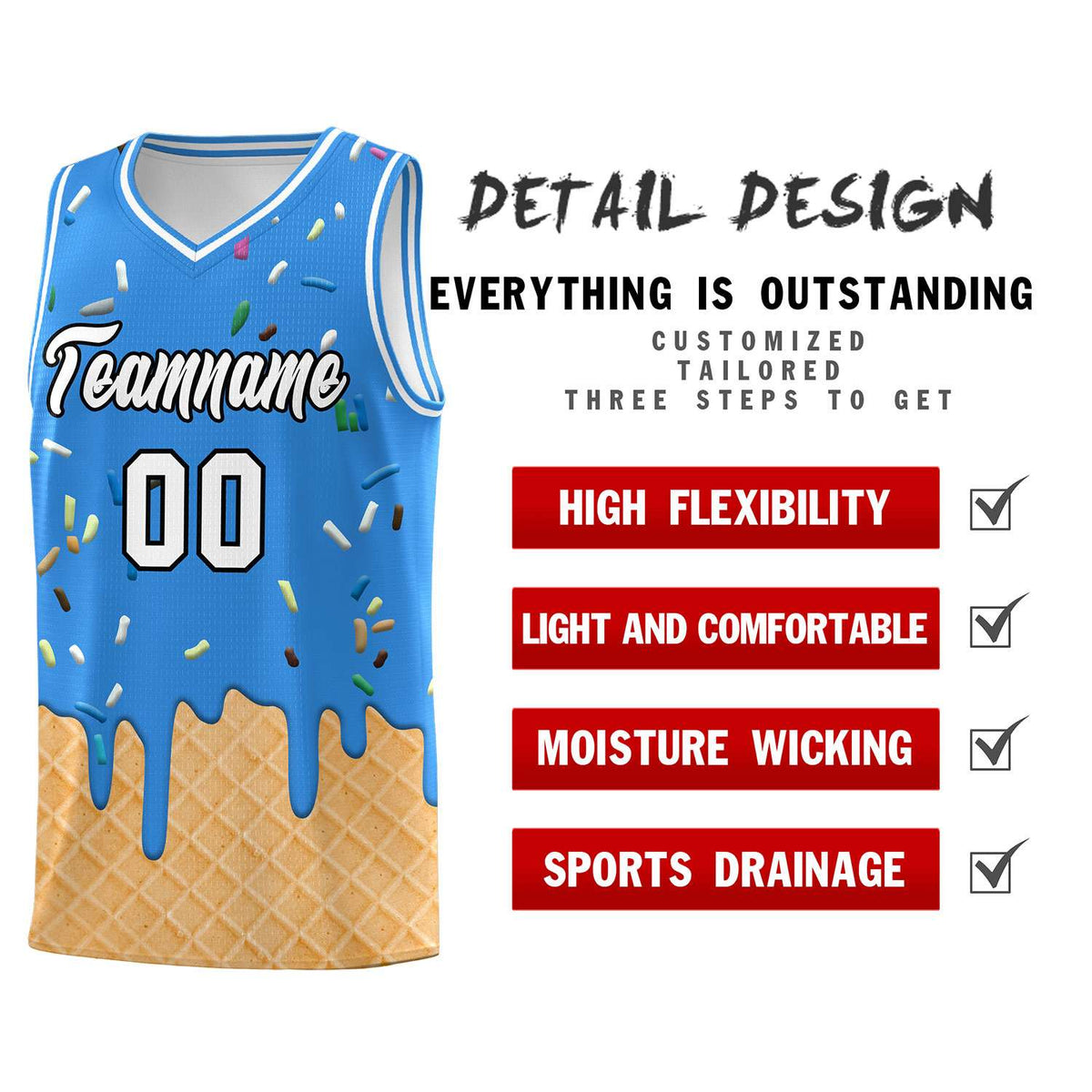 Custom Light Blue Basketball Kits with Ice Cream Element Pattern