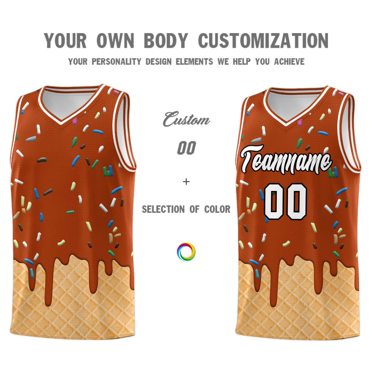 Custom Dark Orange Basketball Kits with Ice Cream Element Pattern