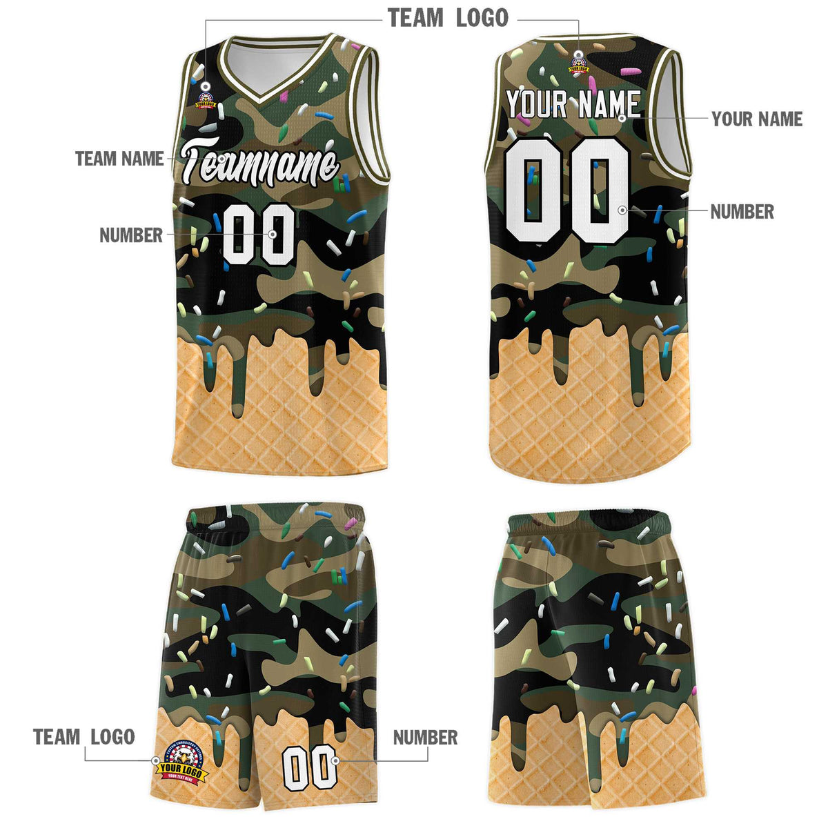 Custom Camo Basketball Kits with Ice Cream Element Pattern