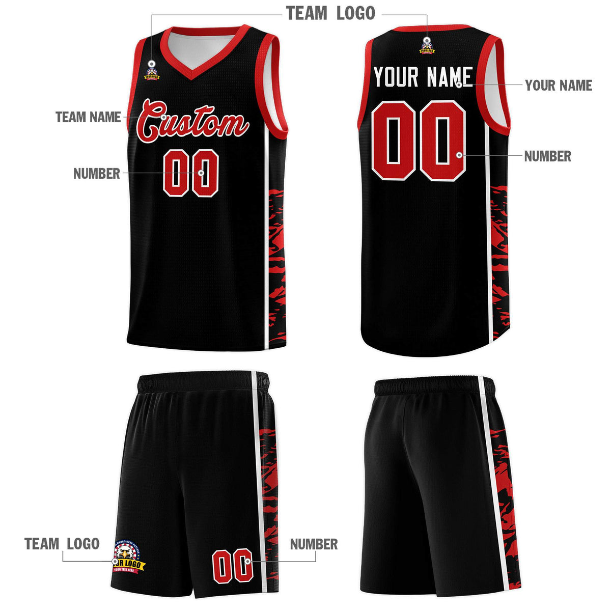 Custom Black Red Side Gradient Pattern Basketball Kits