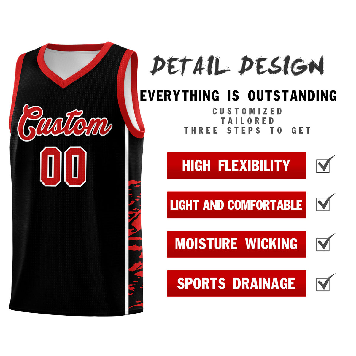 Custom Black Red Side Gradient Pattern Basketball Kits