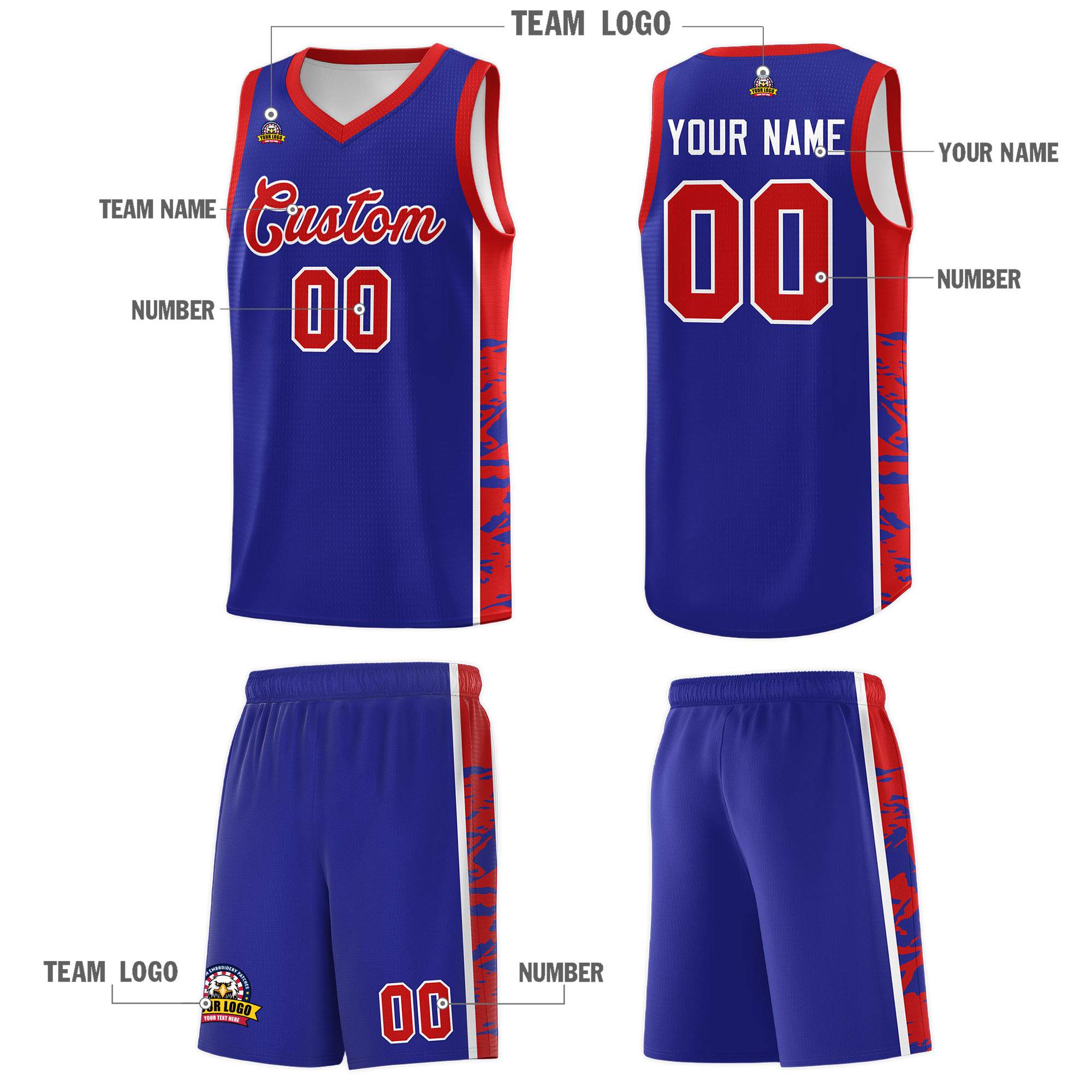 Custom Royal Red Side Gradient Pattern Basketball Kits