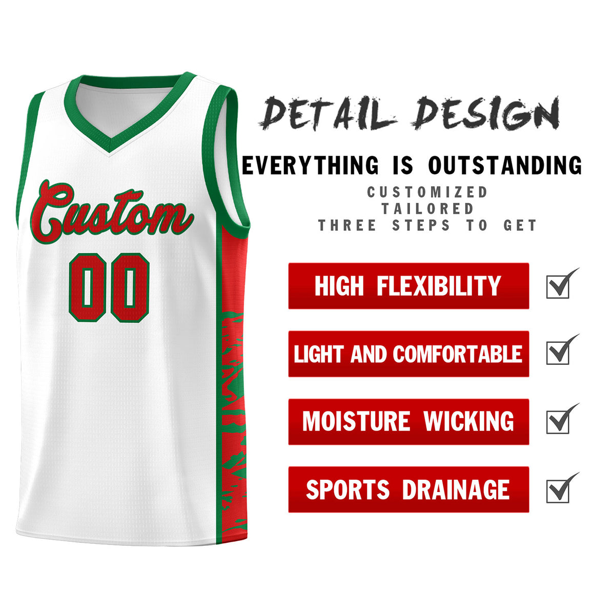 Custom White Kelly Green Side Gradient Pattern Basketball Kits