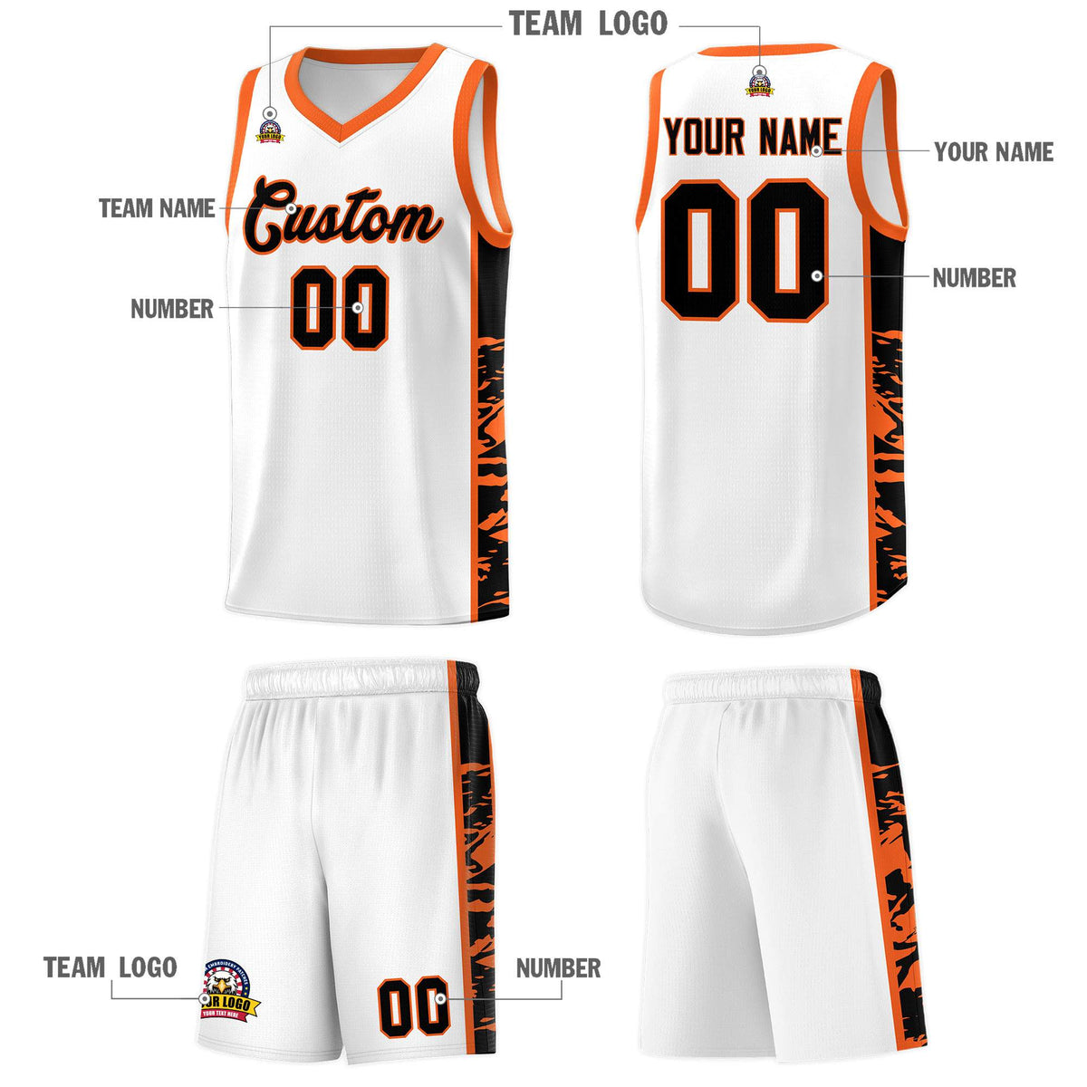 Custom White Orange Side Gradient Pattern Basketball Kits