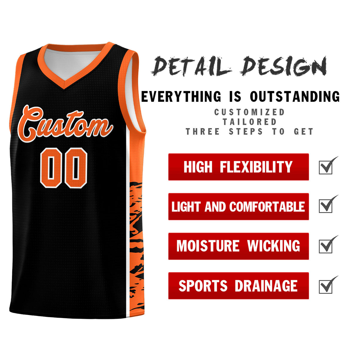 Custom Black Orange Side Gradient Pattern Basketball Kits