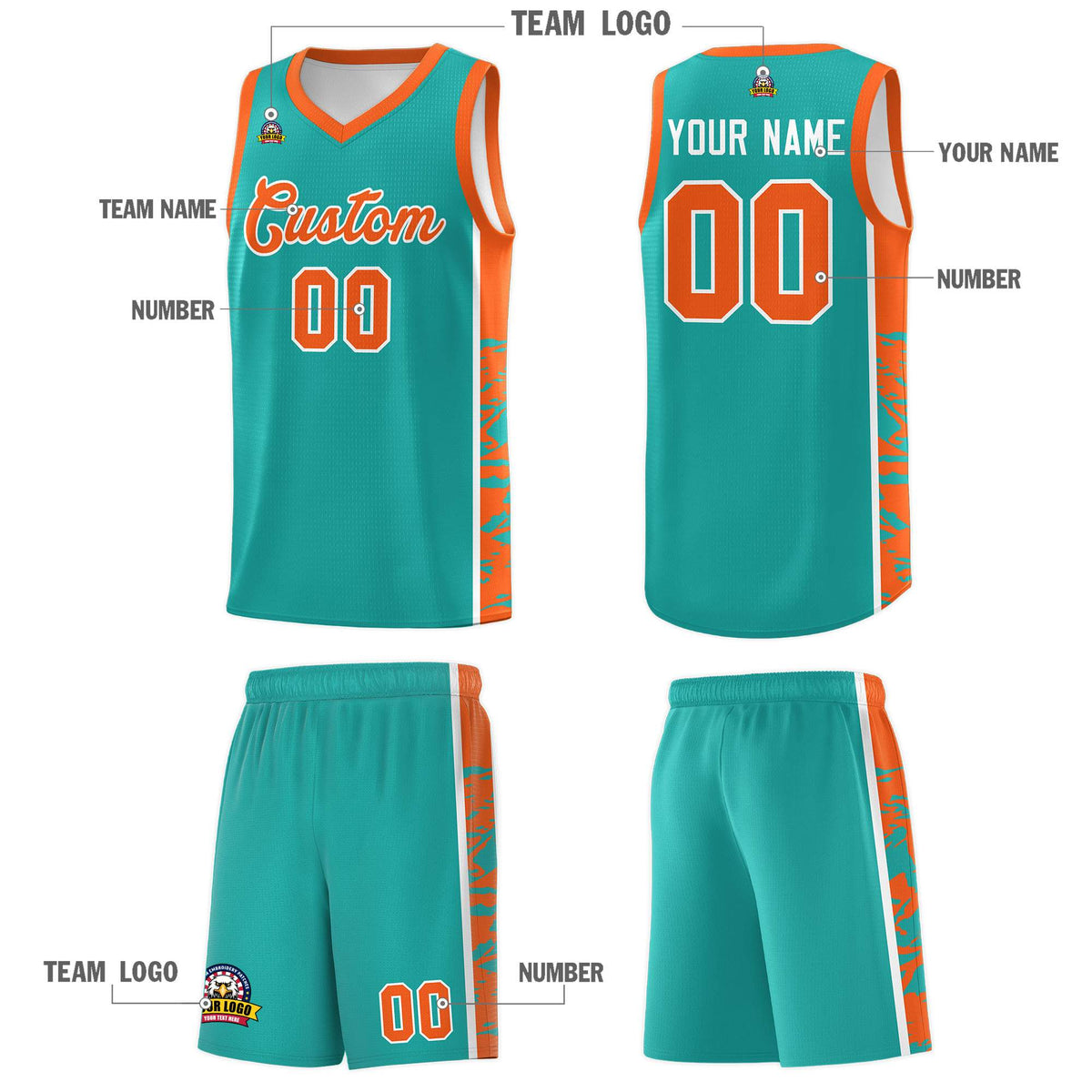 Custom Aqua Orange Side Gradient Pattern Basketball Kits