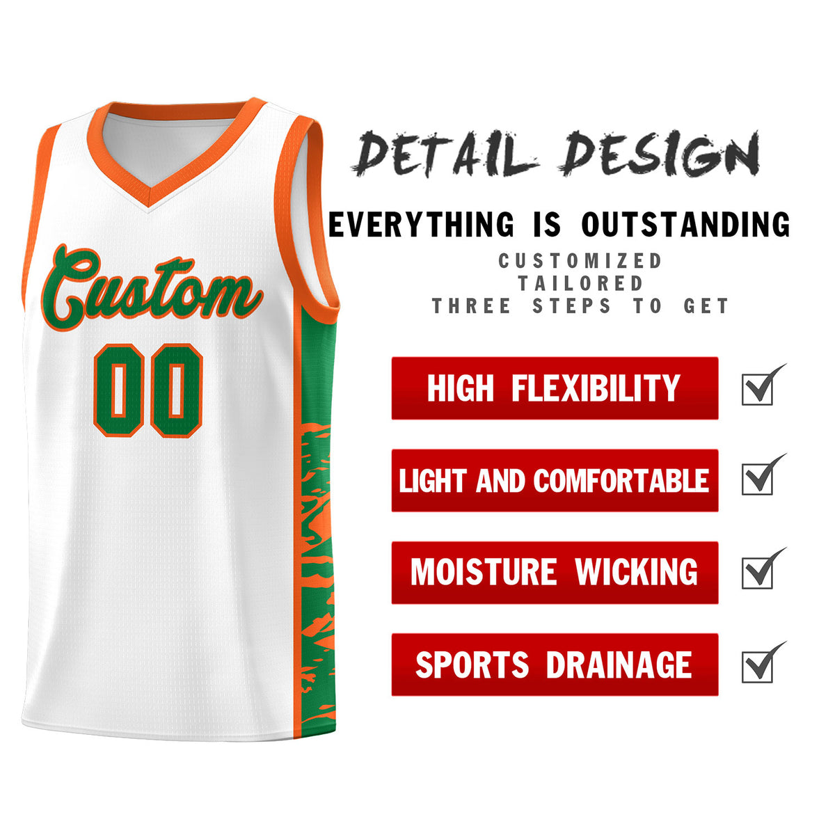 Custom White Orange Side Gradient Pattern Basketball Kits