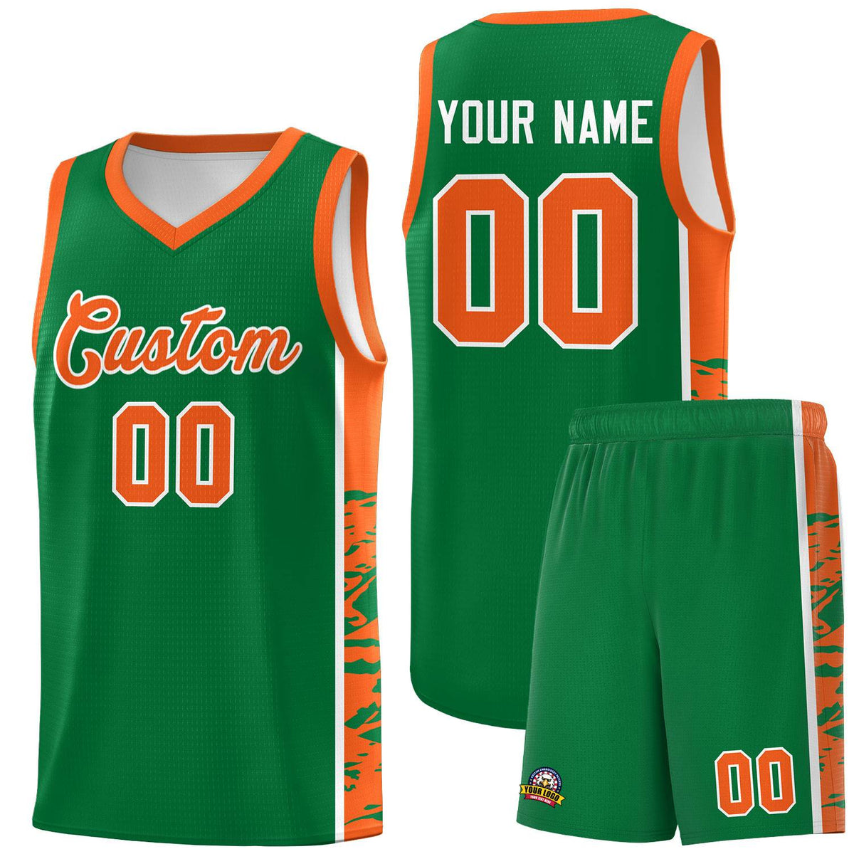 Custom Kelly Green Orange Side Gradient Pattern Basketball Kits