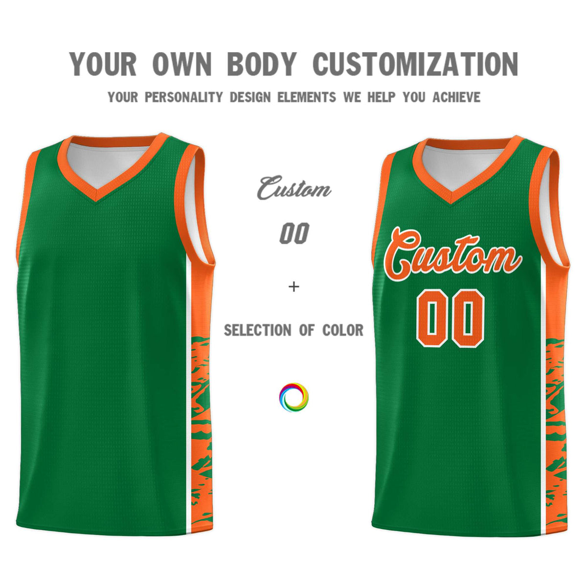 Custom Kelly Green Orange Side Gradient Pattern Basketball Kits