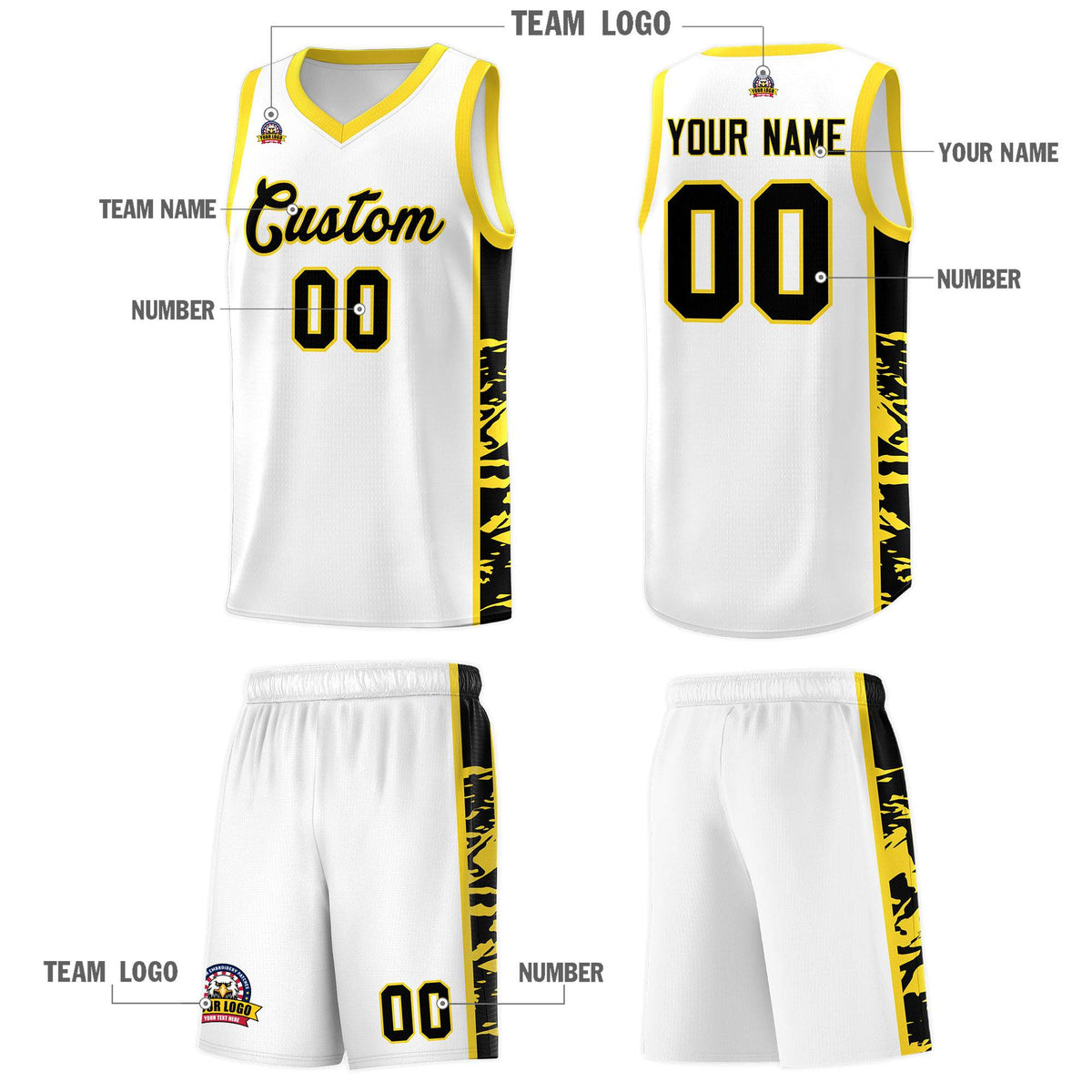 Custom White Gold Side Gradient Pattern Basketball Kits
