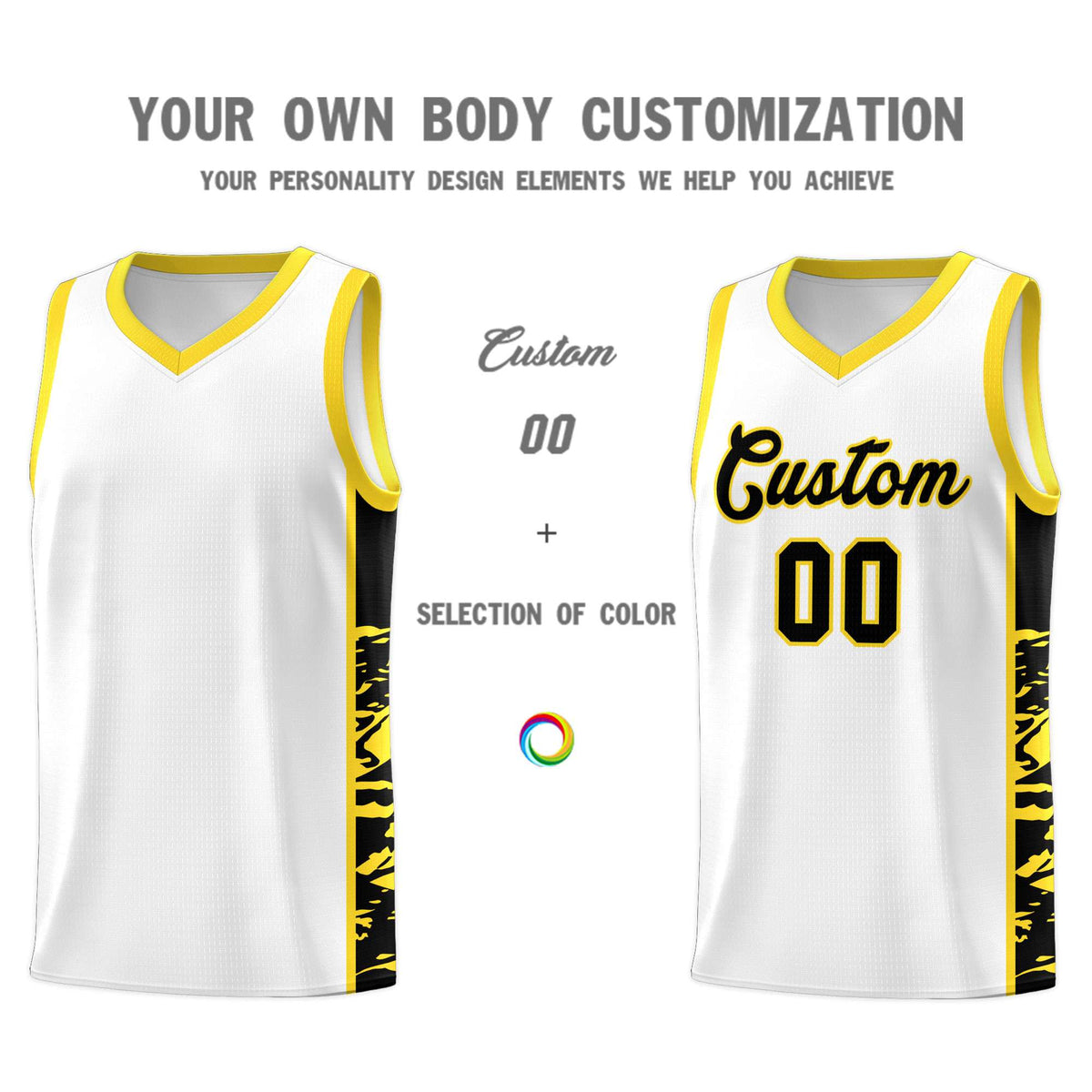 Custom White Gold Side Gradient Pattern Basketball Kits