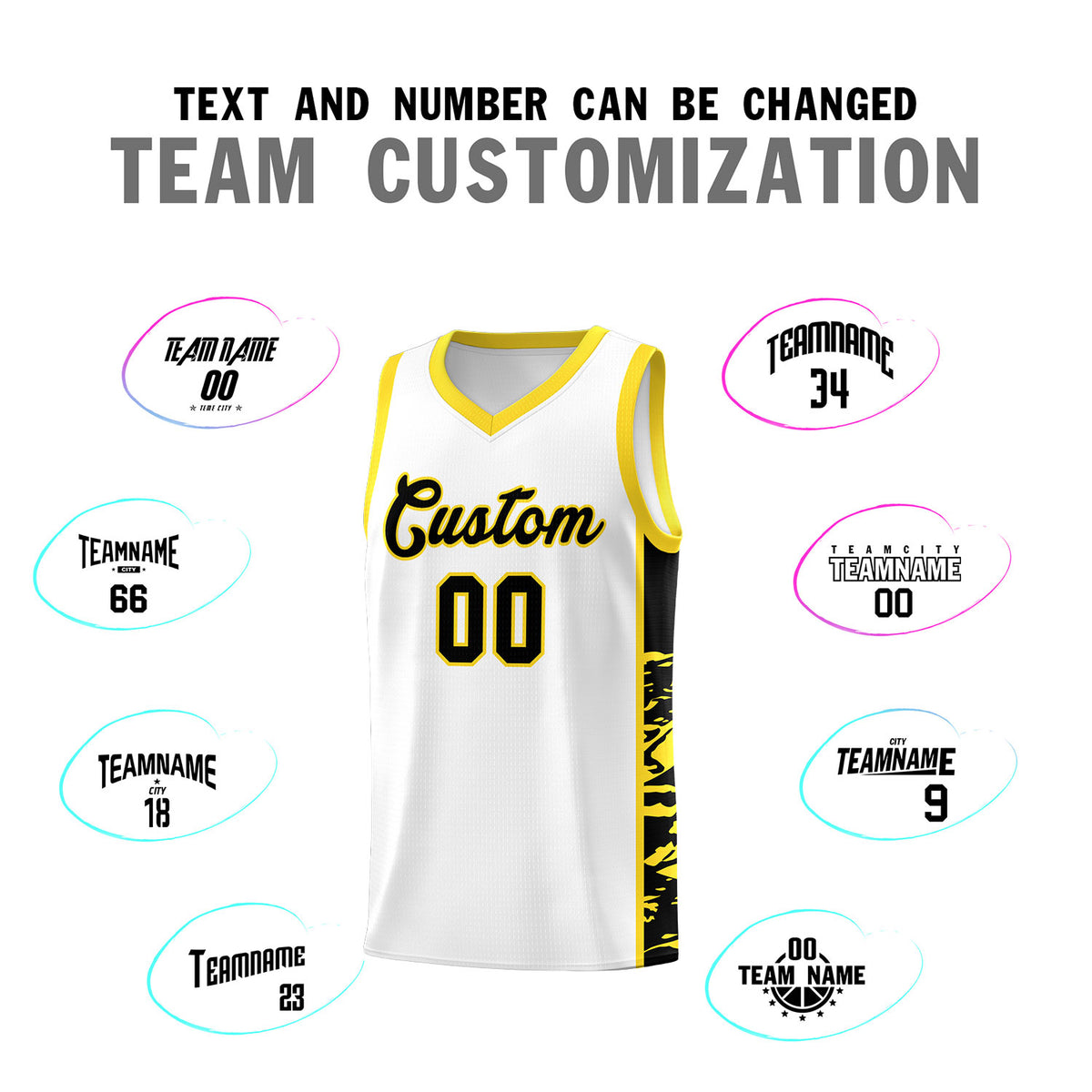 Custom White Gold Side Gradient Pattern Basketball Kits