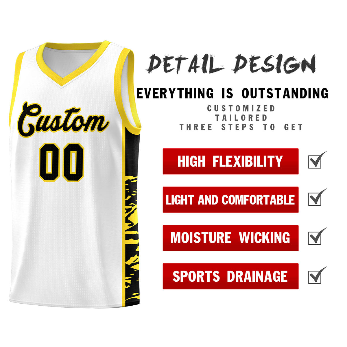 Custom White Gold Side Gradient Pattern Basketball Kits