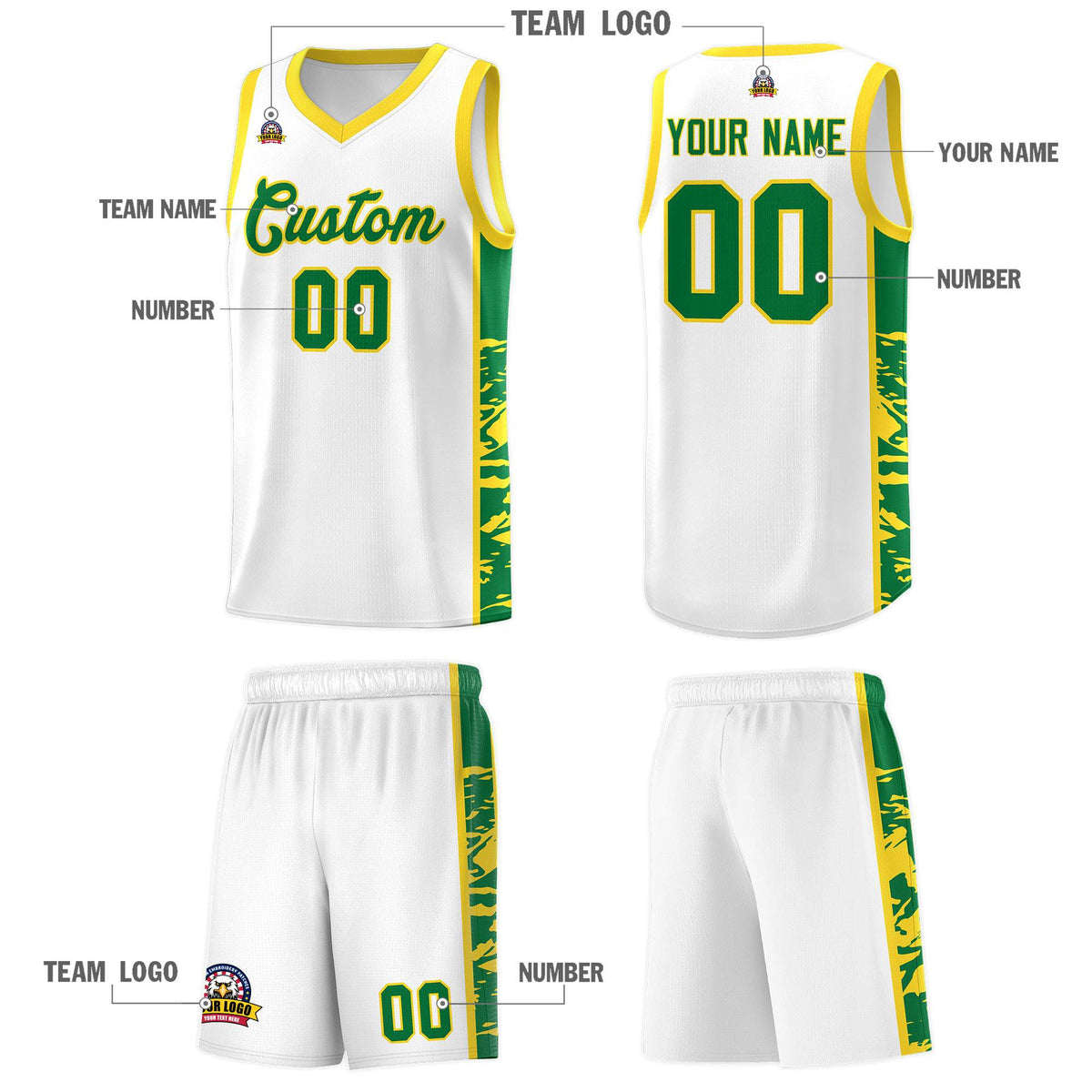 Custom White Gold Side Gradient Pattern Basketball Kits