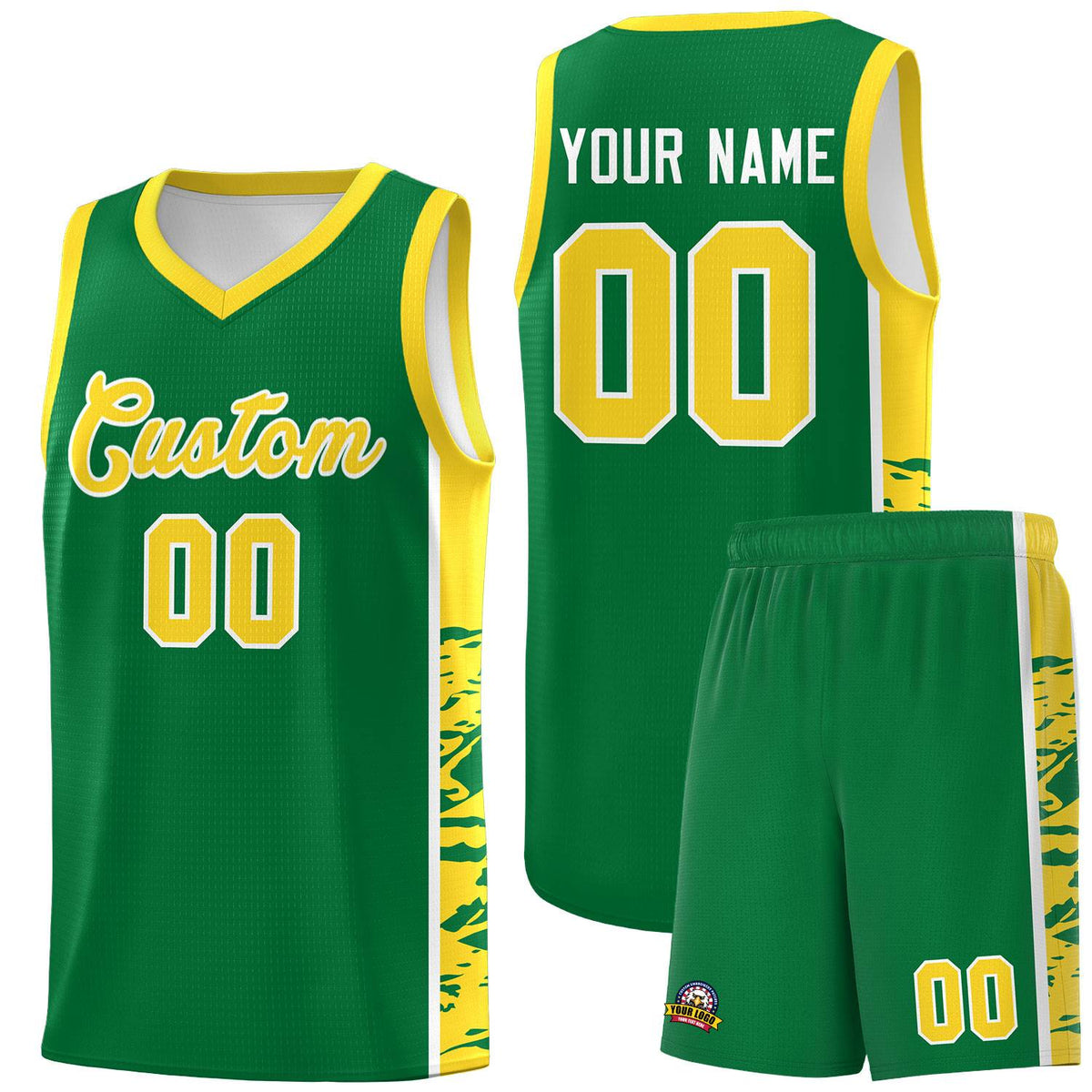 Custom Kelly Green Gold Side Gradient Pattern Basketball Kits