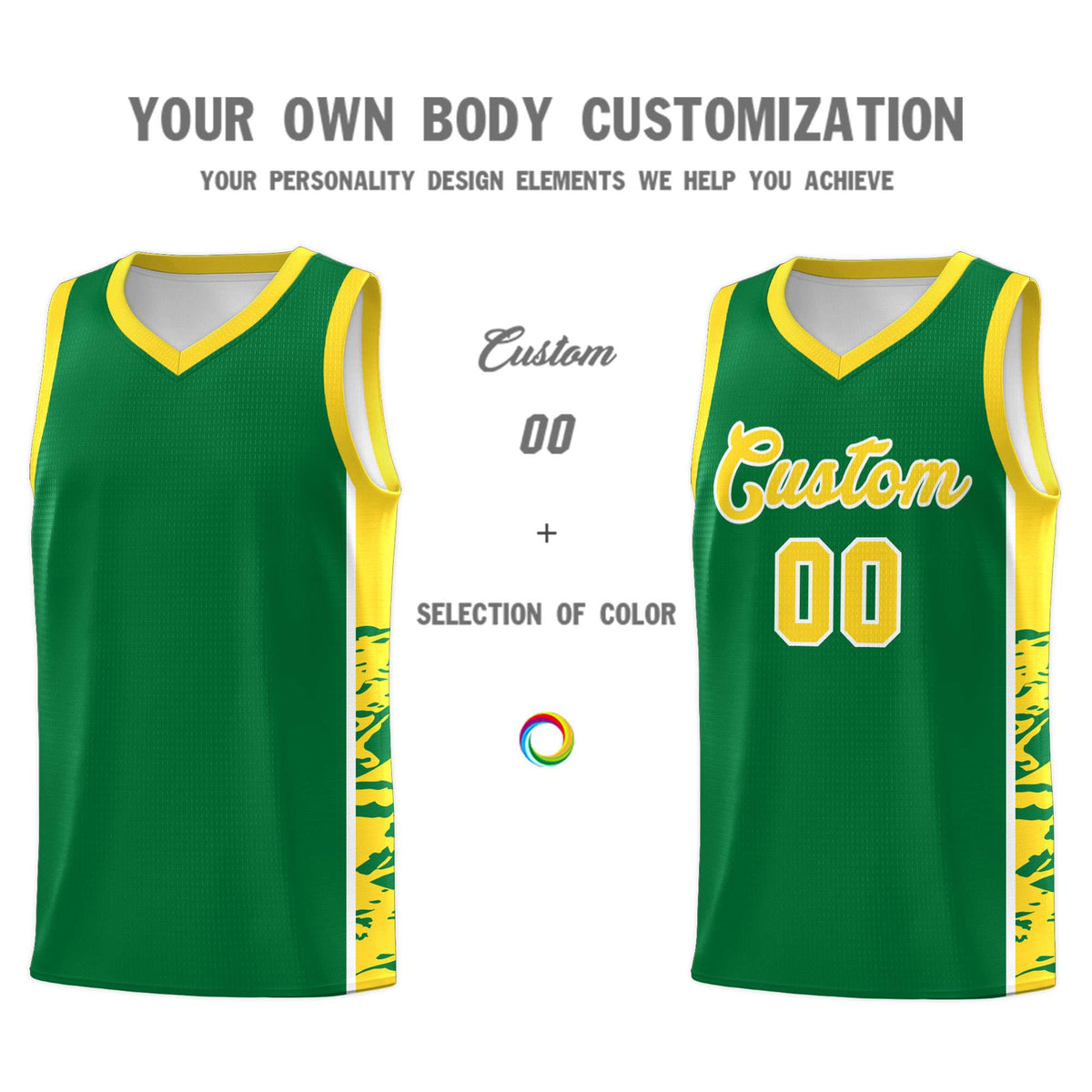 Custom Kelly Green Gold Side Gradient Pattern Basketball Kits