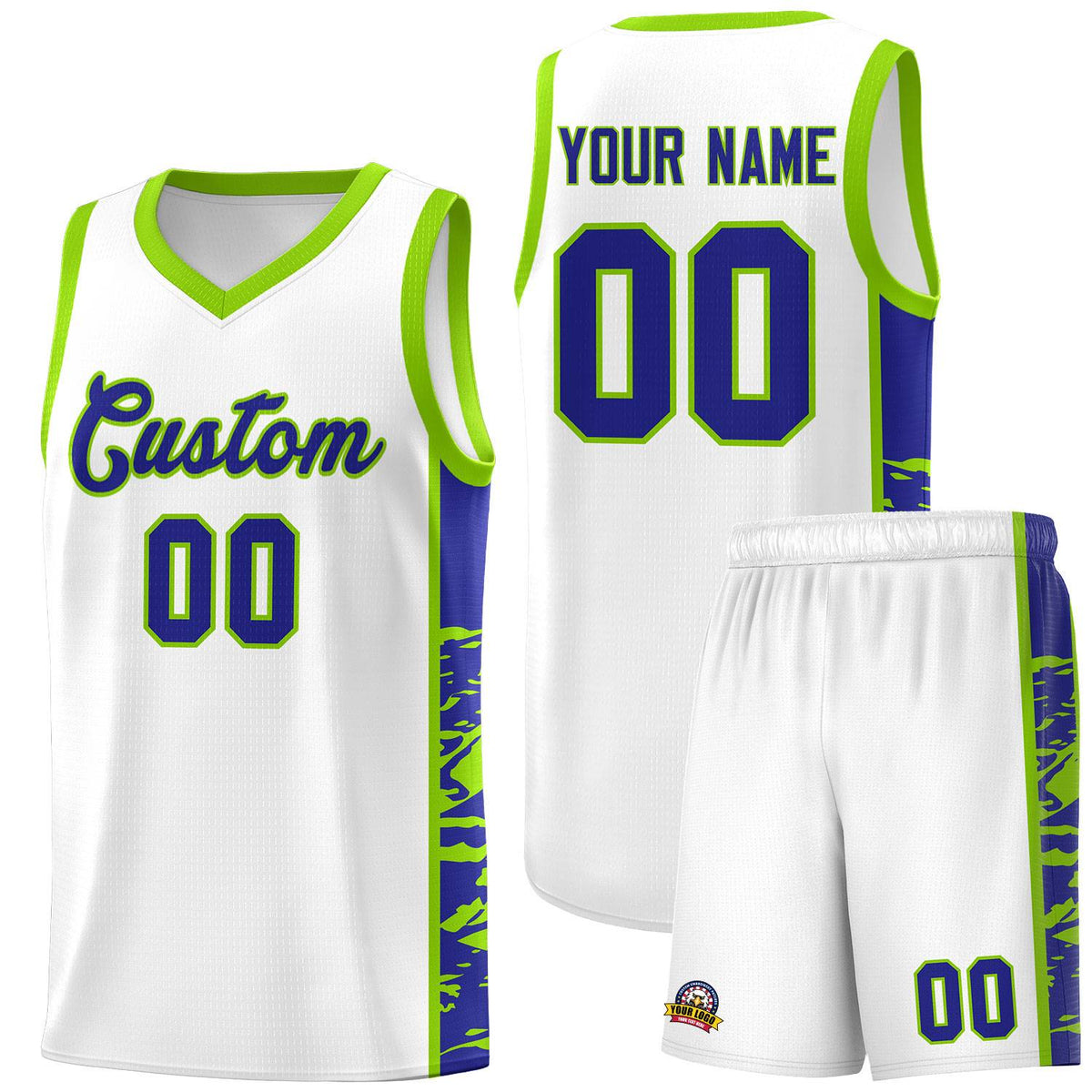 Custom White Neon Green Side Gradient Pattern Basketball Kits