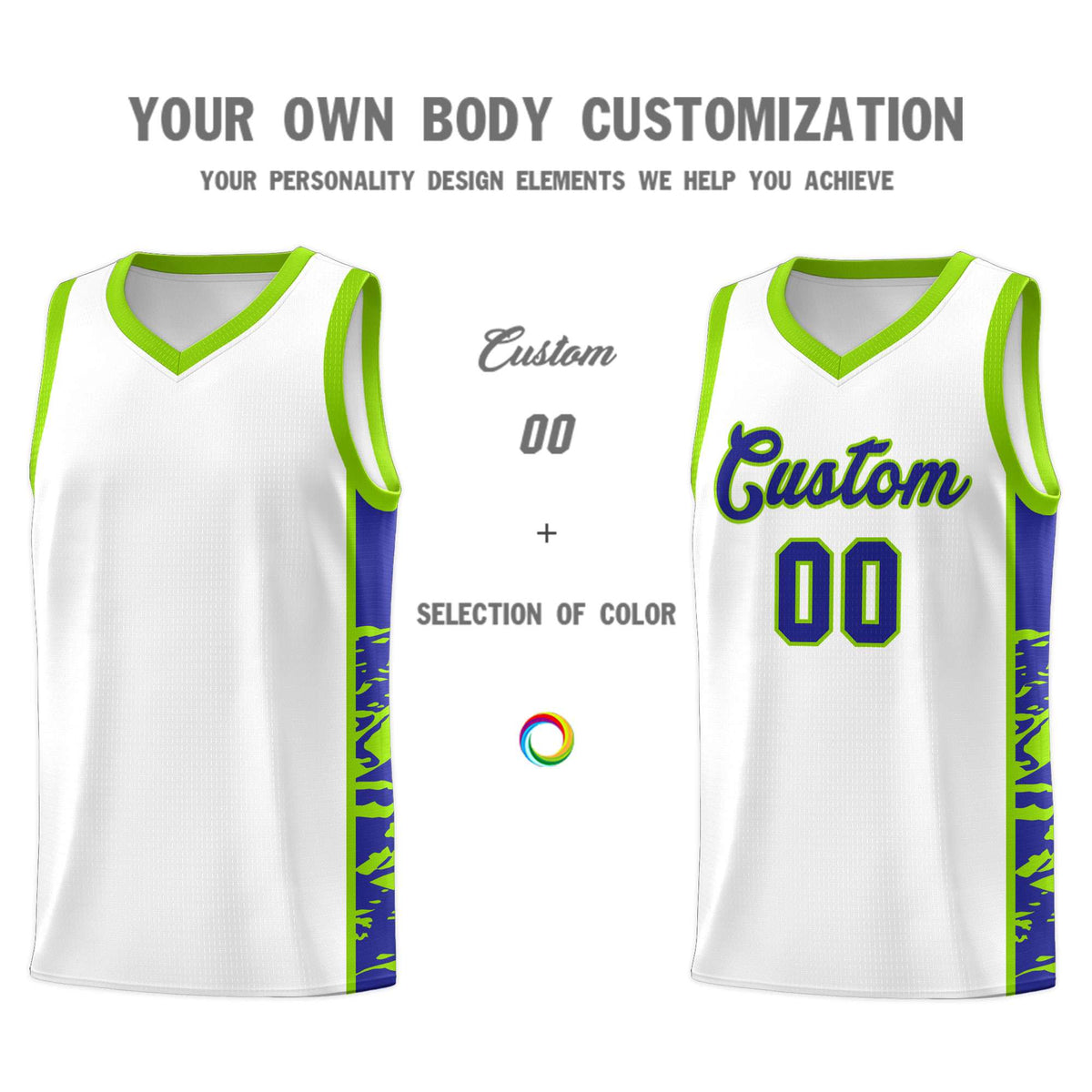 Custom White Neon Green Side Gradient Pattern Basketball Kits