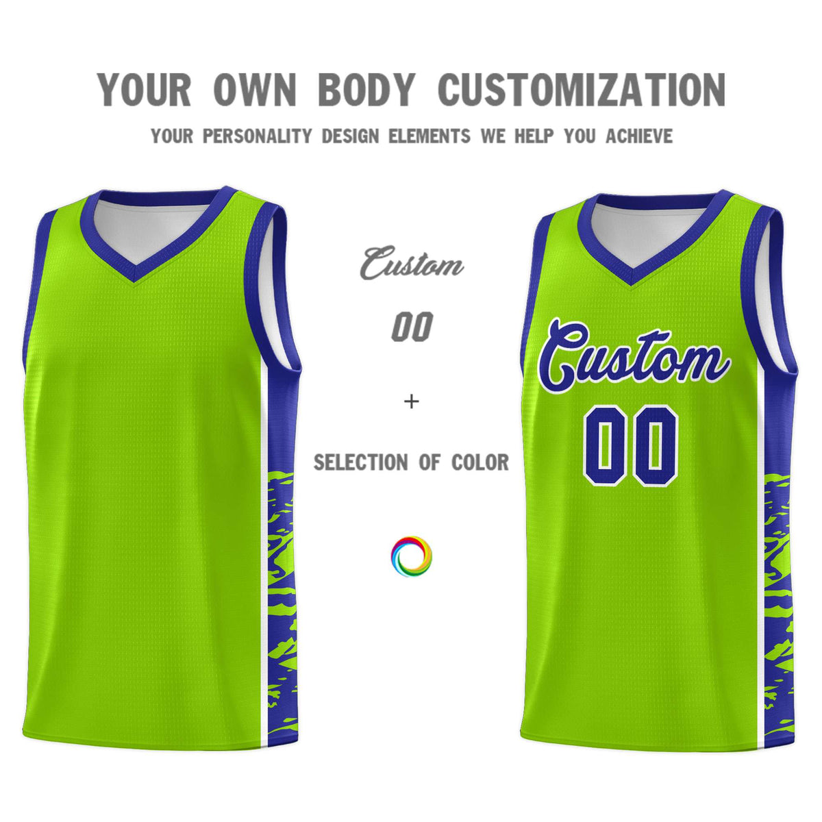 Custom Neon Green Royal Side Gradient Pattern Basketball Kits