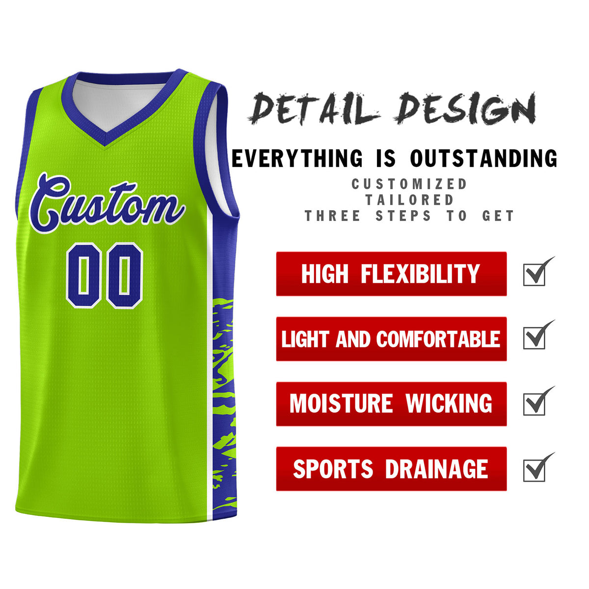 Custom Neon Green Royal Side Gradient Pattern Basketball Kits