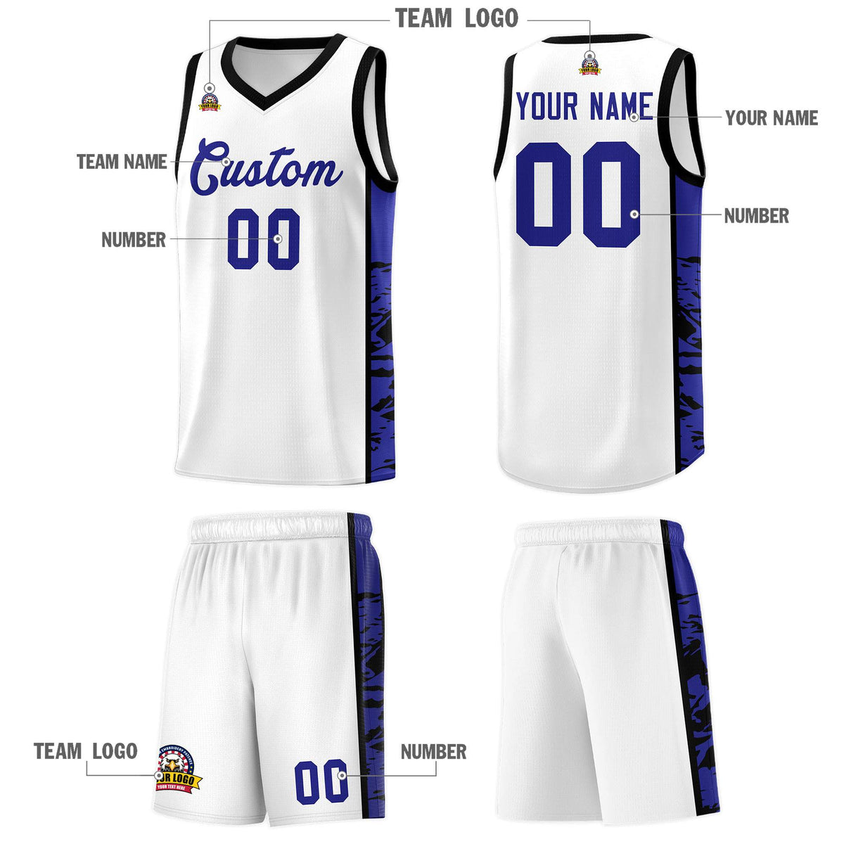 Custom White Black Side Gradient Pattern Basketball Kits