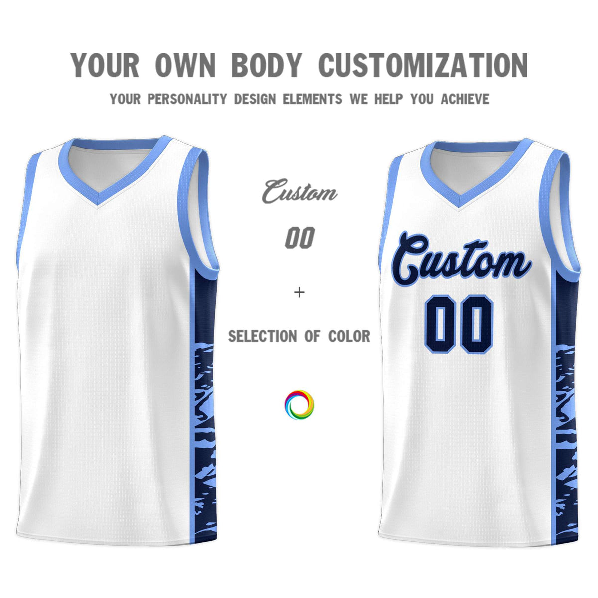 Custom White Light Blue Side Gradient Pattern Basketball Kits