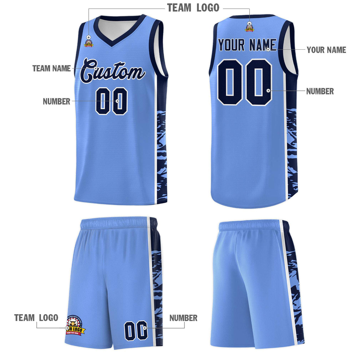 Custom Light Blue Navy Side Gradient Pattern Basketball Kits
