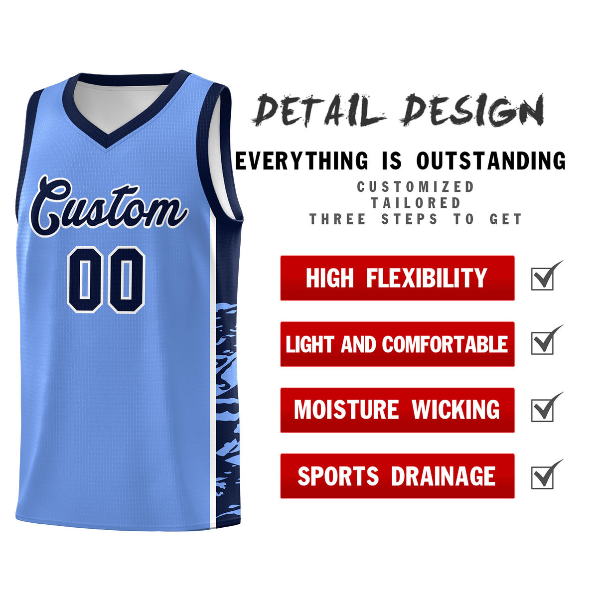 Custom Light Blue Navy Side Gradient Pattern Basketball Kits