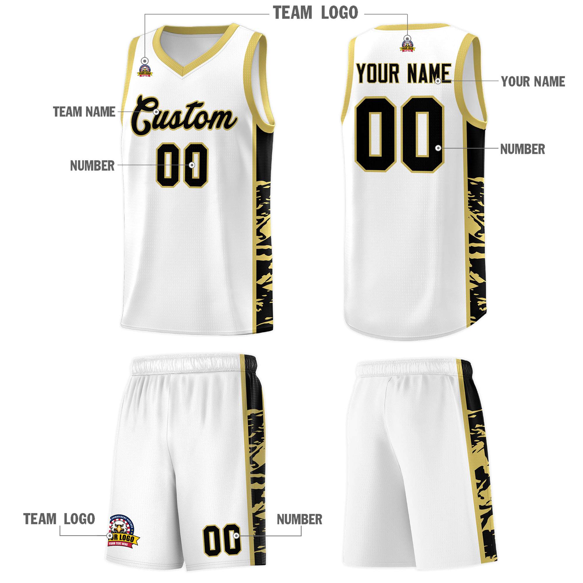 Custom White Old Gold Side Gradient Pattern Basketball Kits