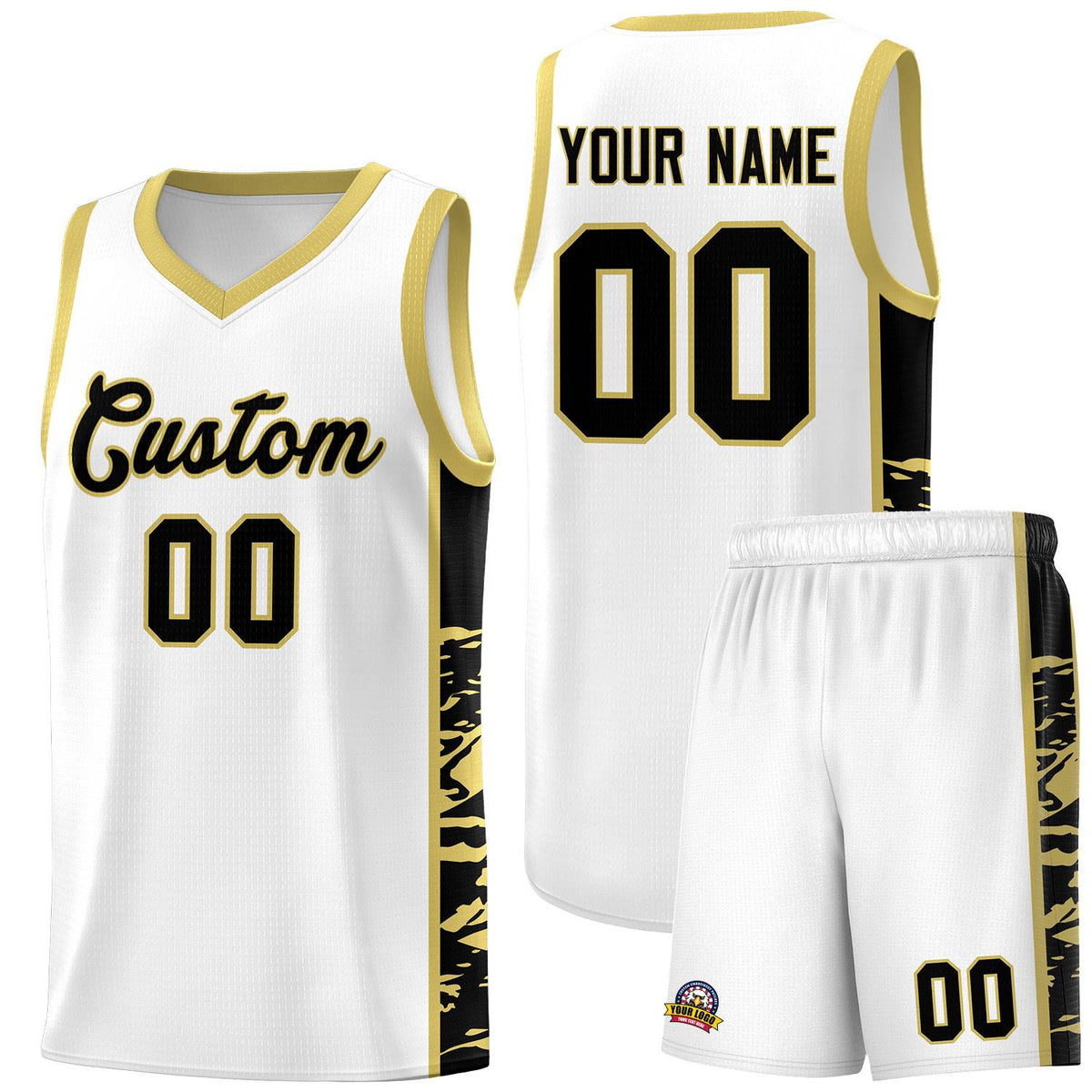 Custom White Old Gold Side Gradient Pattern Basketball Kits