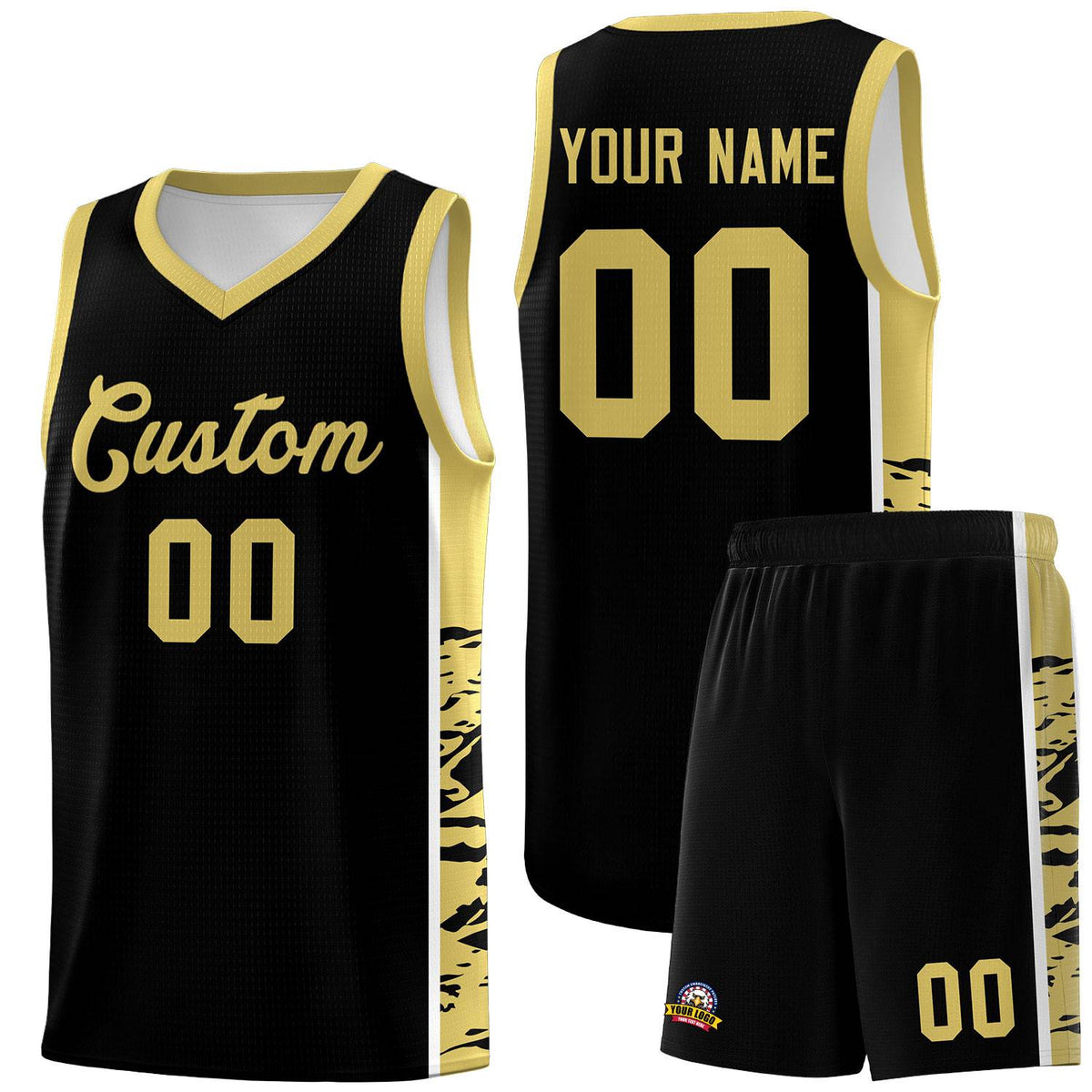 Custom Black Old Gold Side Gradient Pattern Basketball Kits