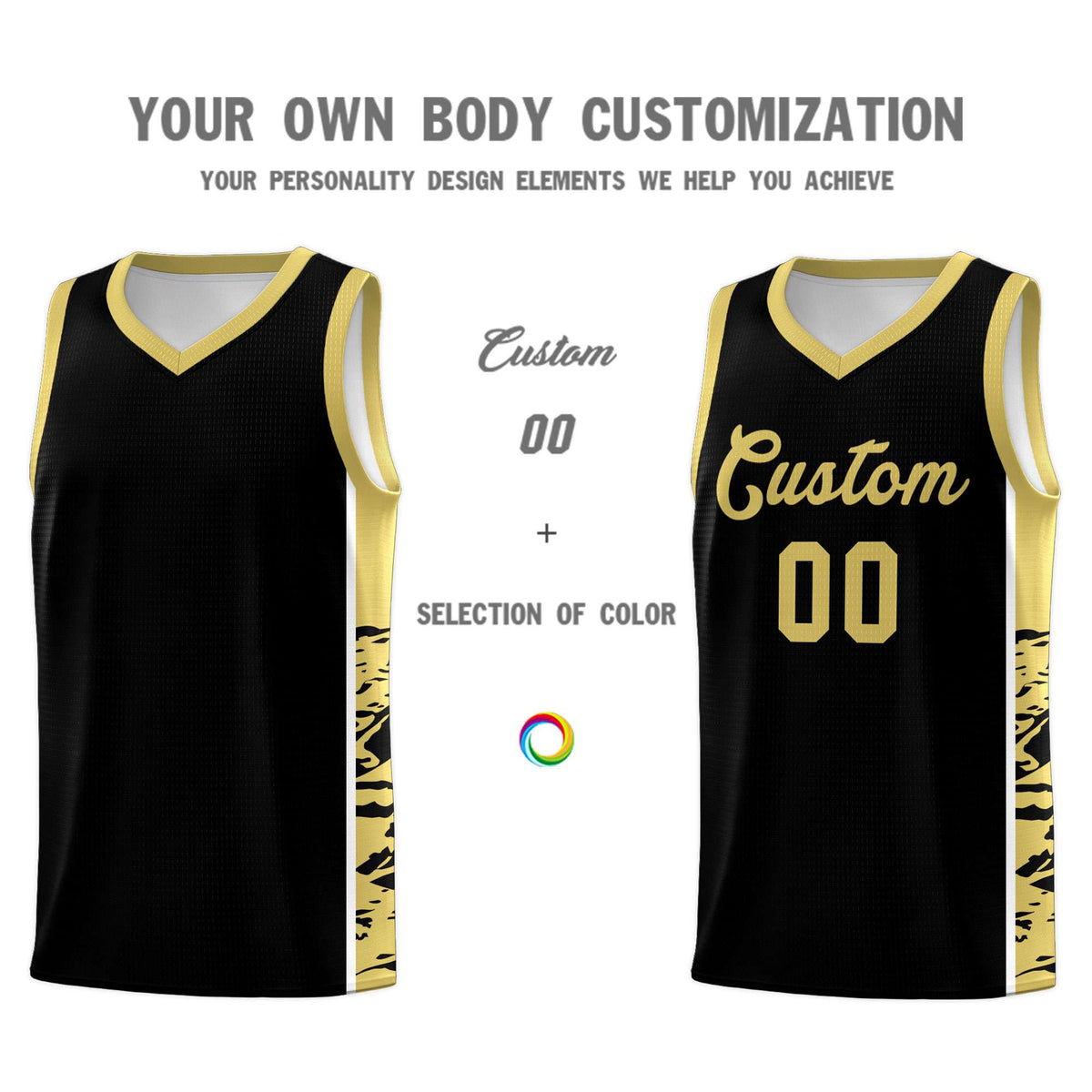 Custom Black Old Gold Side Gradient Pattern Basketball Kits