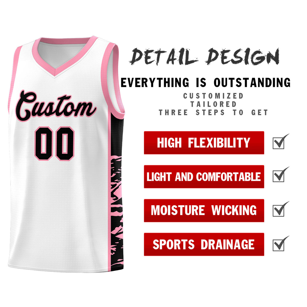 Custom White Light Pink Side Gradient Pattern Basketball Kits