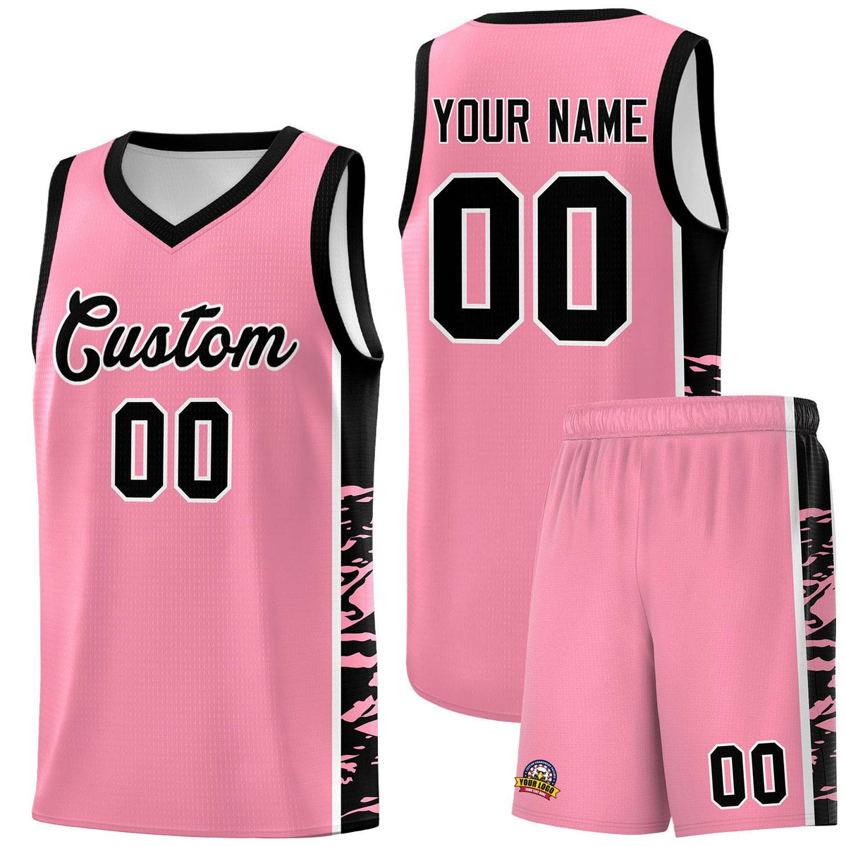 Custom Light Pink Black Side Gradient Pattern Basketball Kits